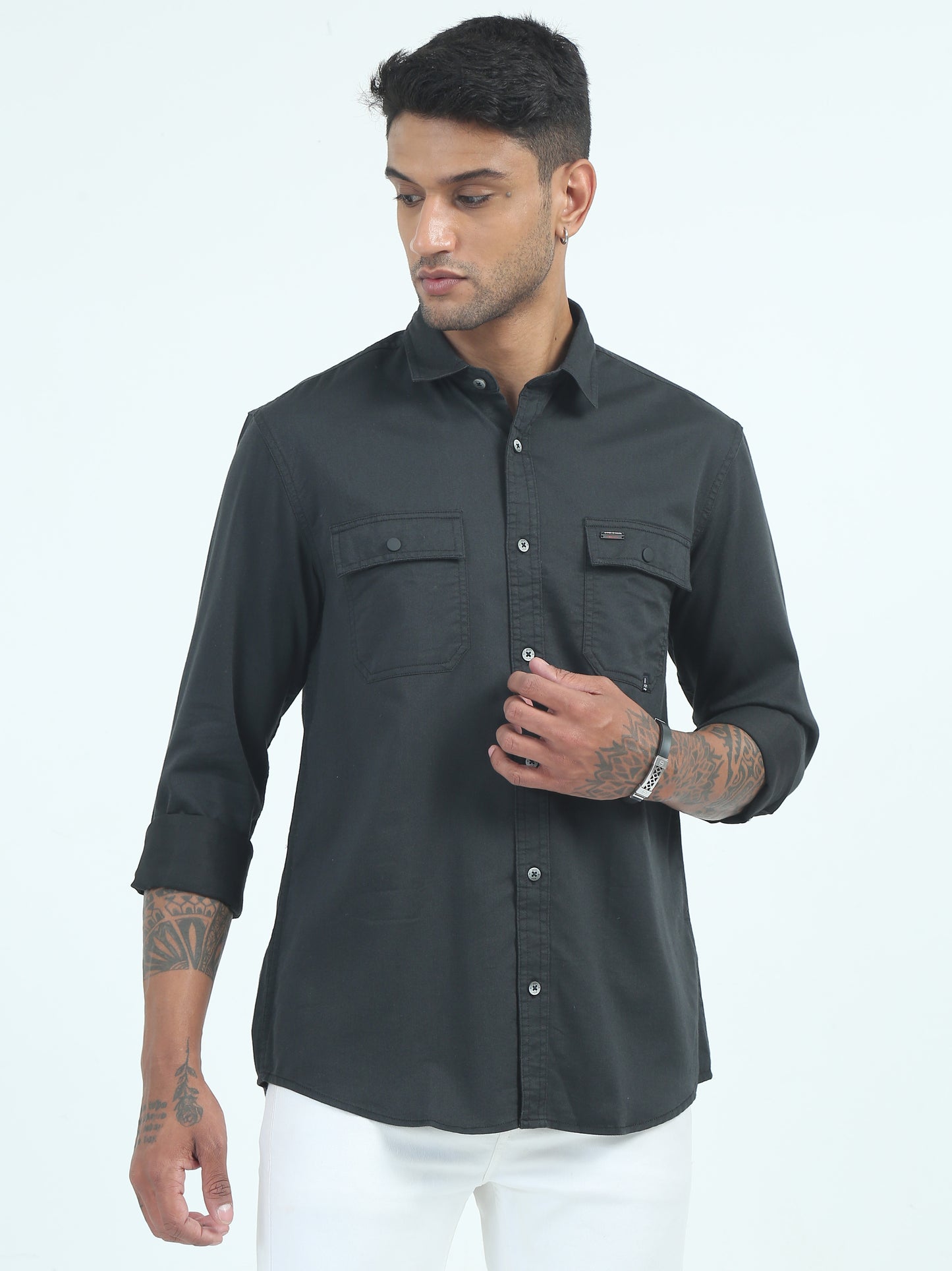 Black Twill Poly Lycra Double pocket solid shirt