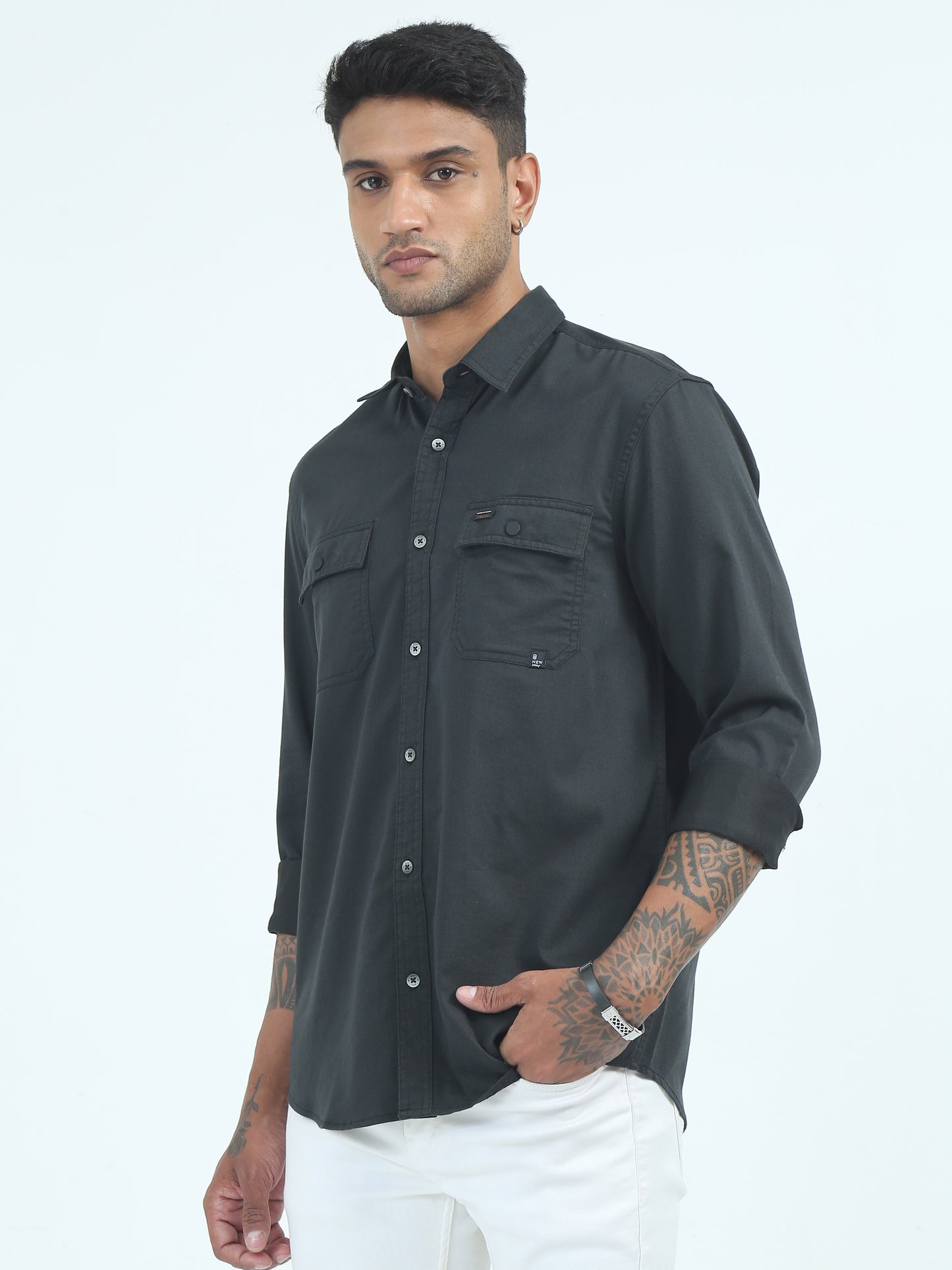 Black Twill Poly Lycra Double pocket solid shirt