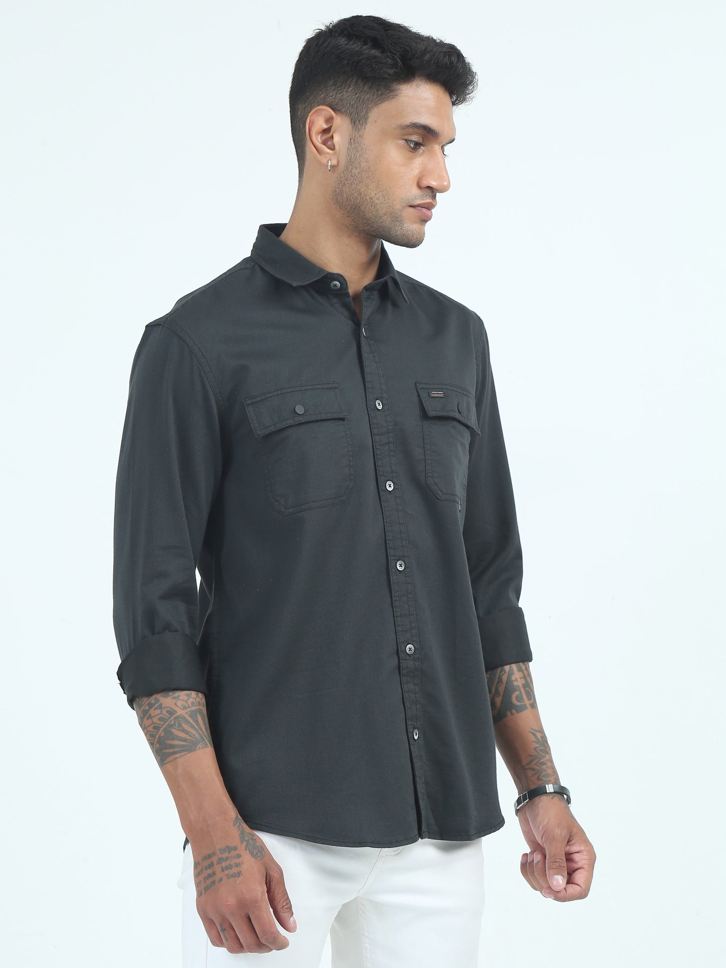 Black Twill Poly Lycra Double pocket solid shirt