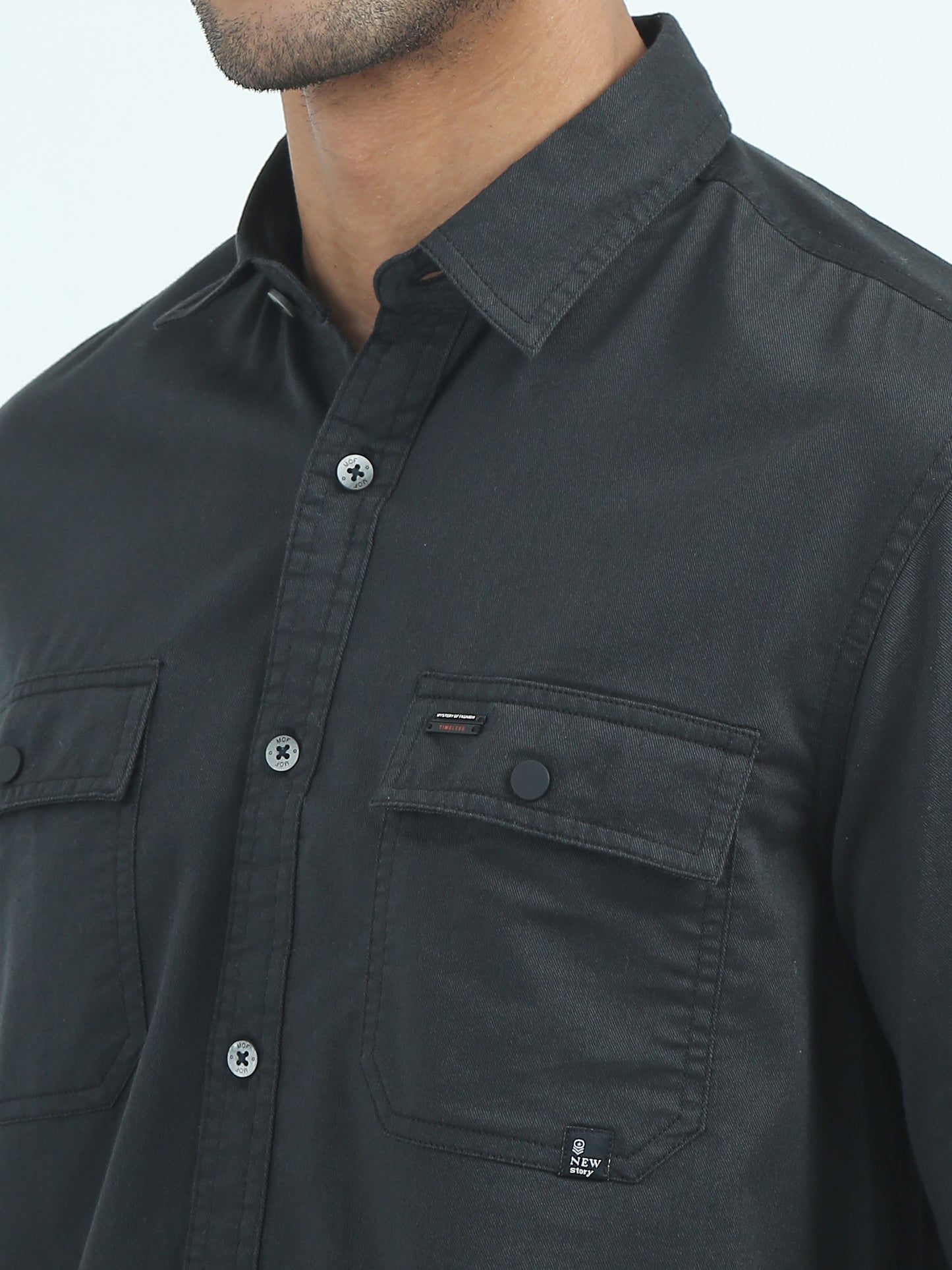 Black Twill Poly Lycra Double pocket solid shirt