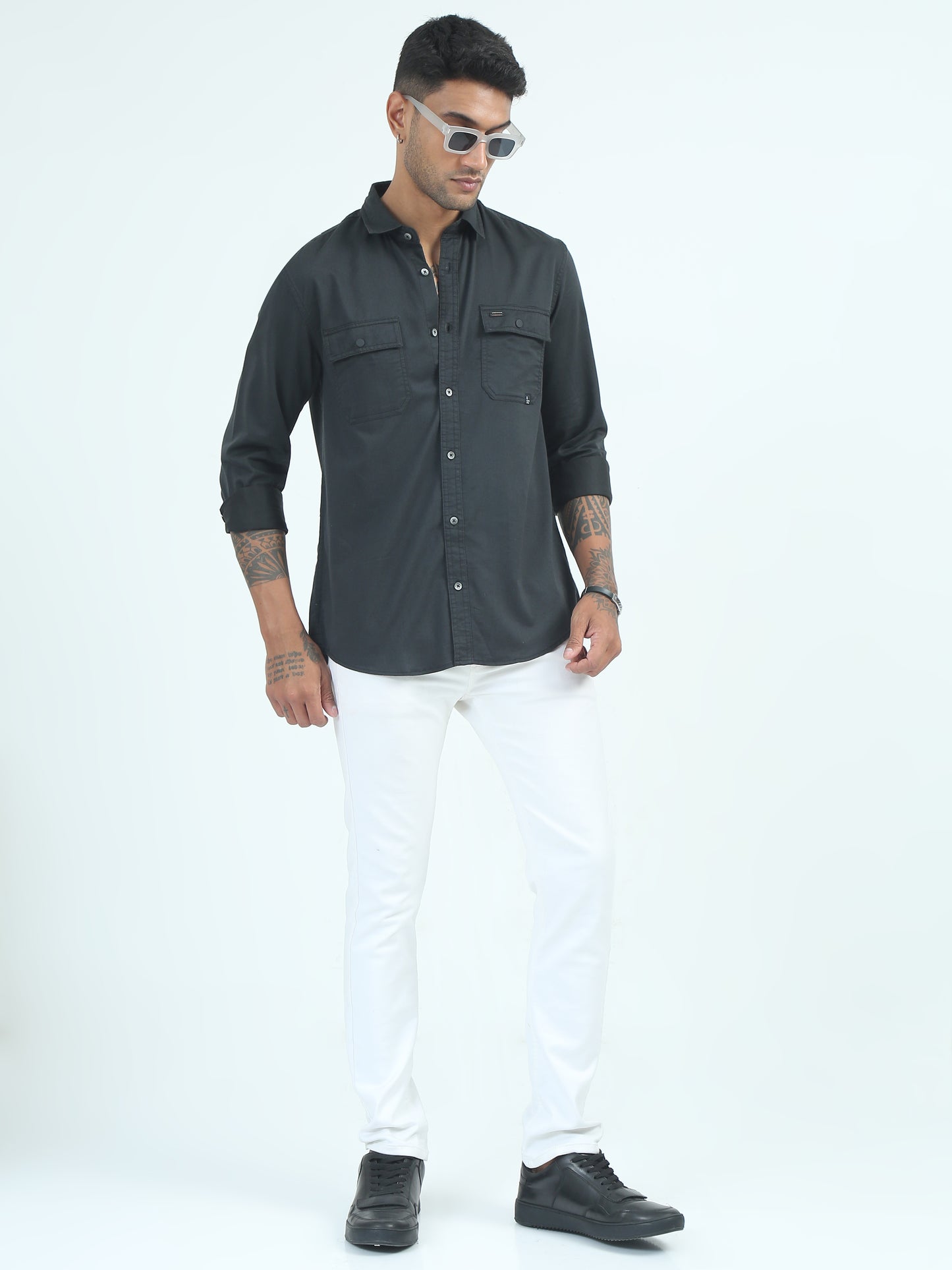 Black Twill Poly Lycra Double pocket solid shirt