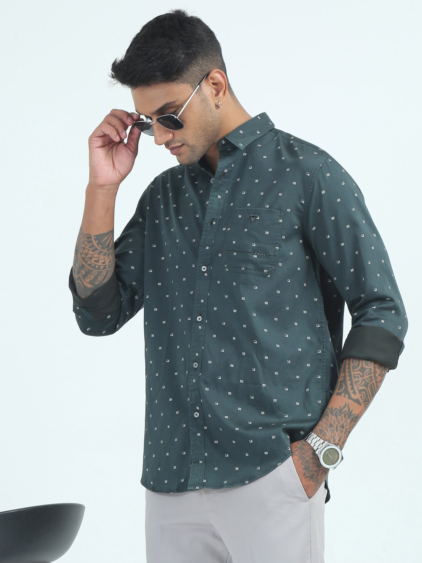  Mens Poly Satin Printed Bottle Green Printed Shirt