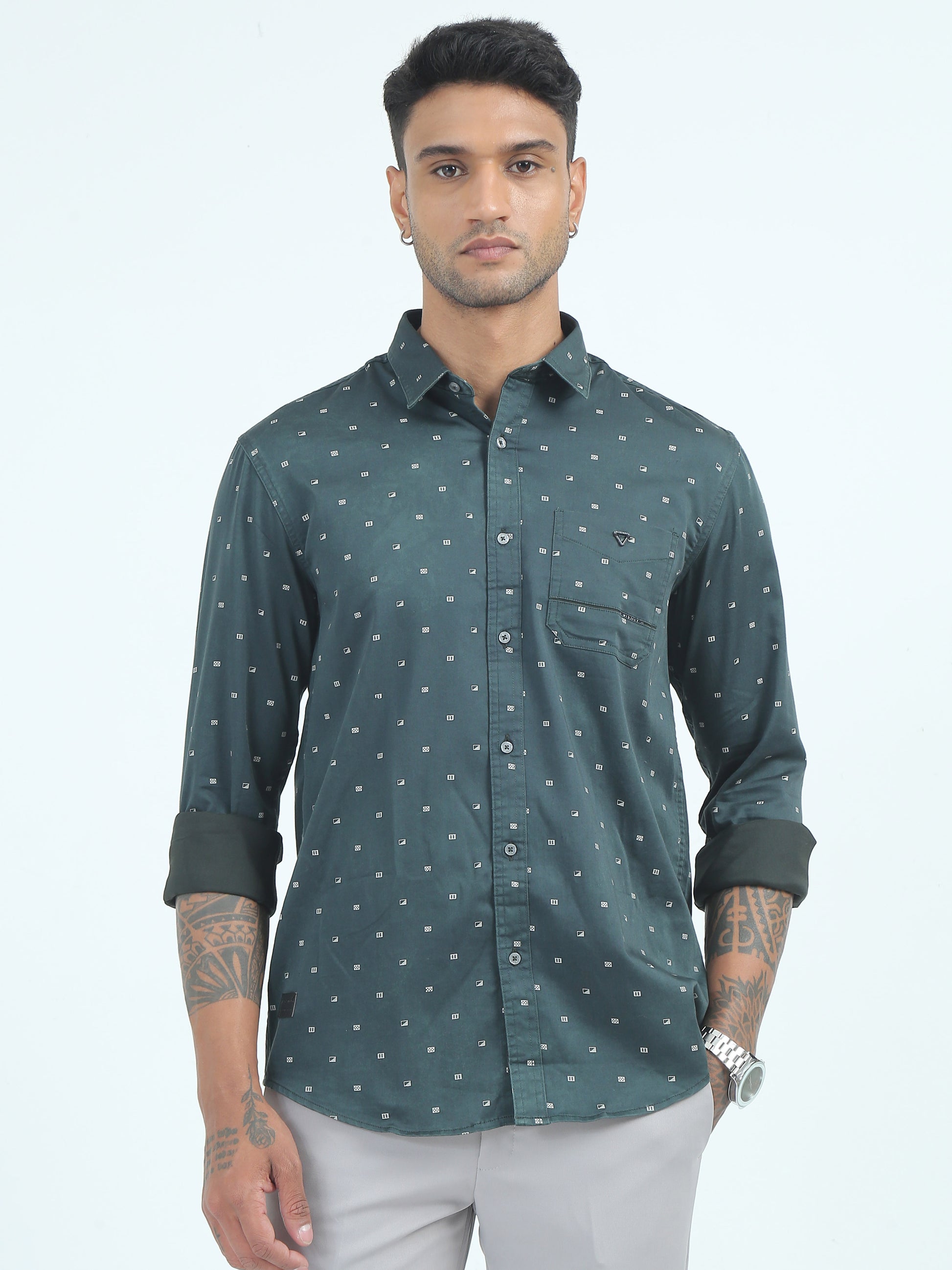  Mens Poly Satin Printed Bottle Green Printed Shirt