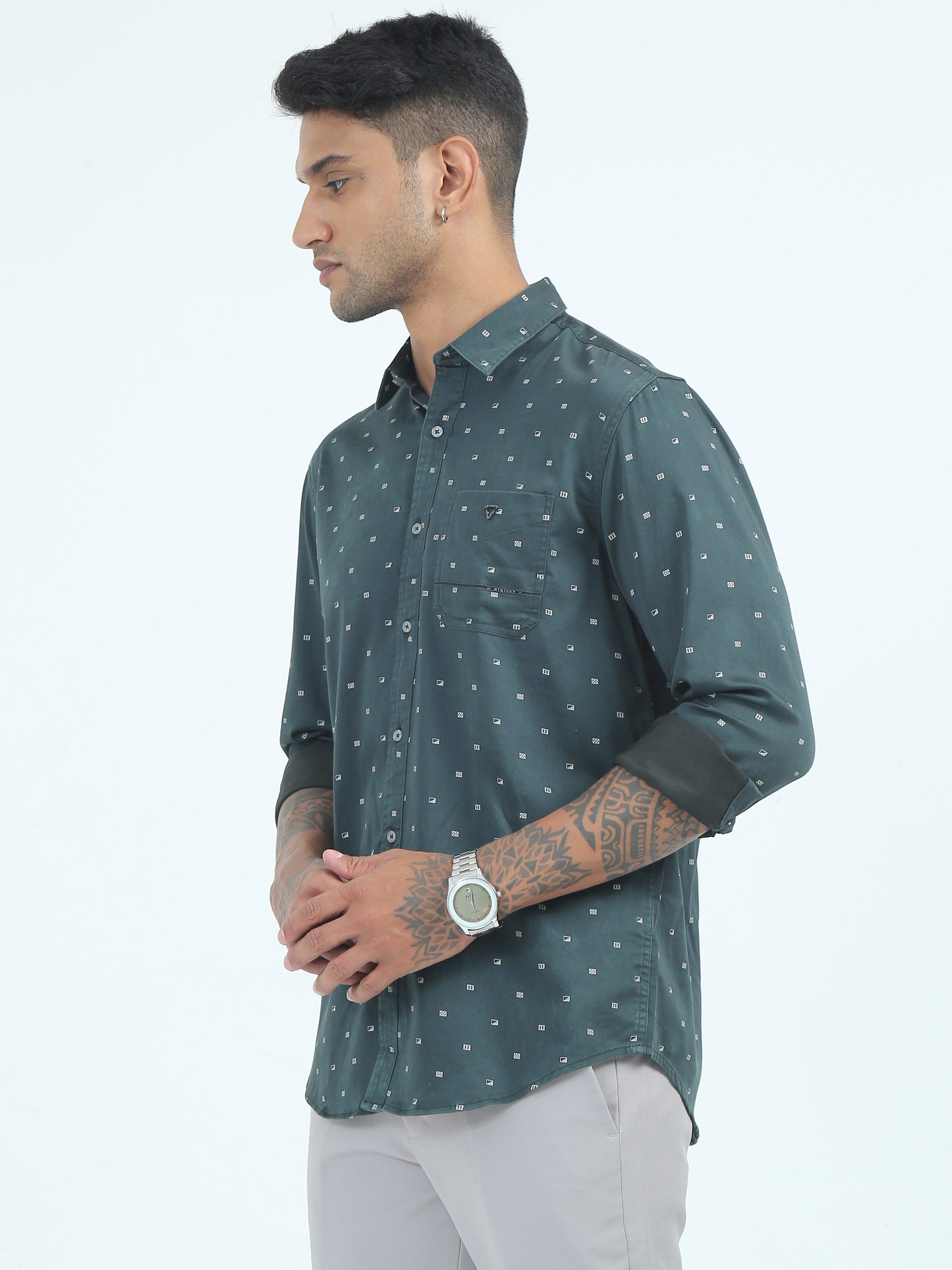  Mens Poly Satin Printed Bottle Green Printed Shirt