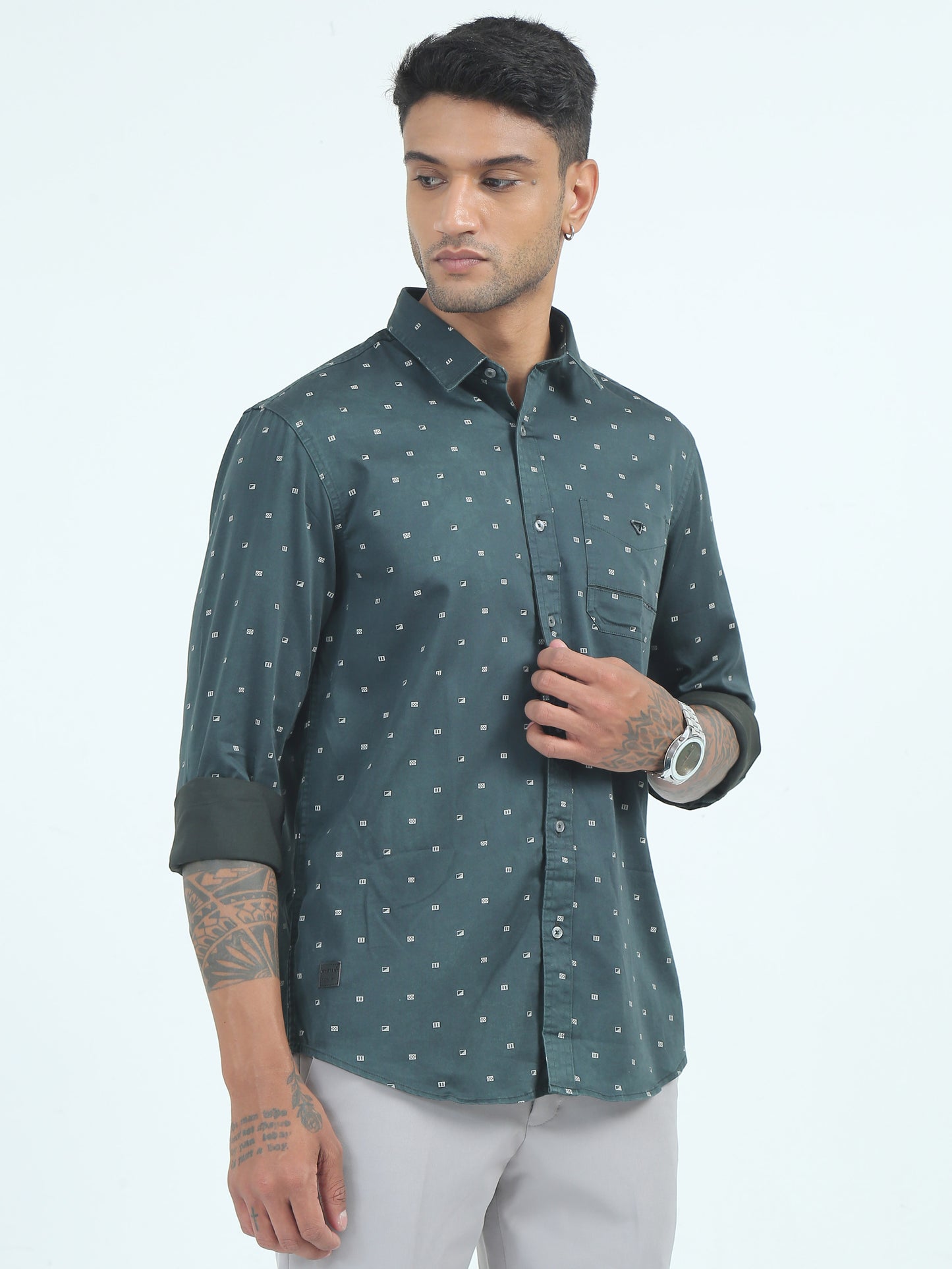  Mens Poly Satin Printed Bottle Green Printed Shirt