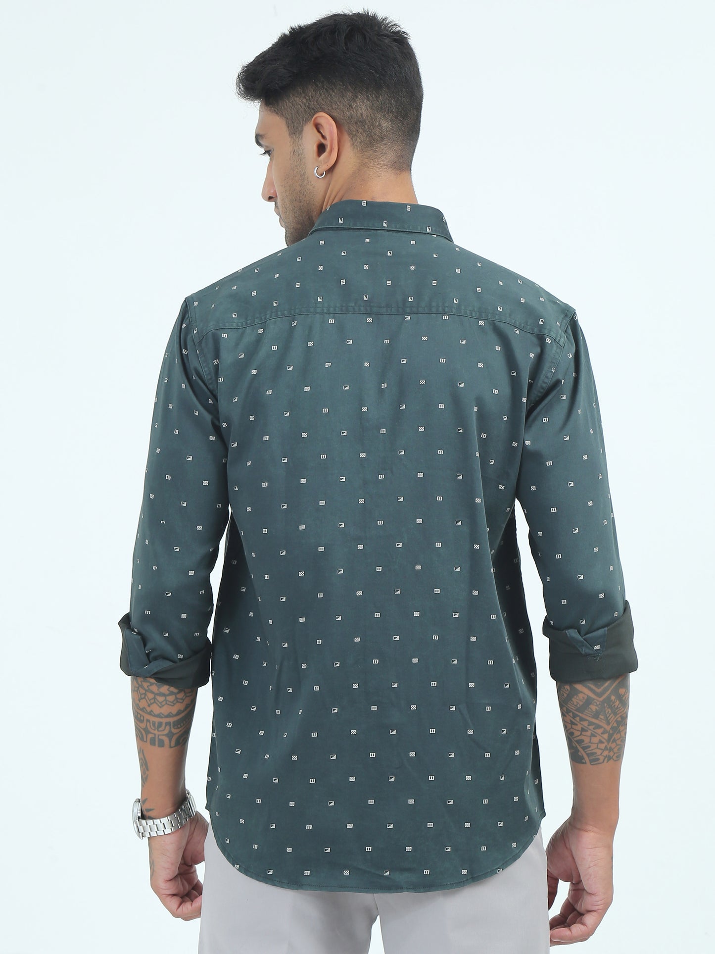  Mens Poly Satin Printed Bottle Green Printed Shirt