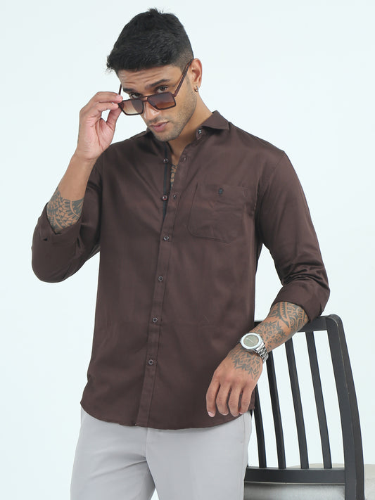 Coffee Satin Slub Solid shirt