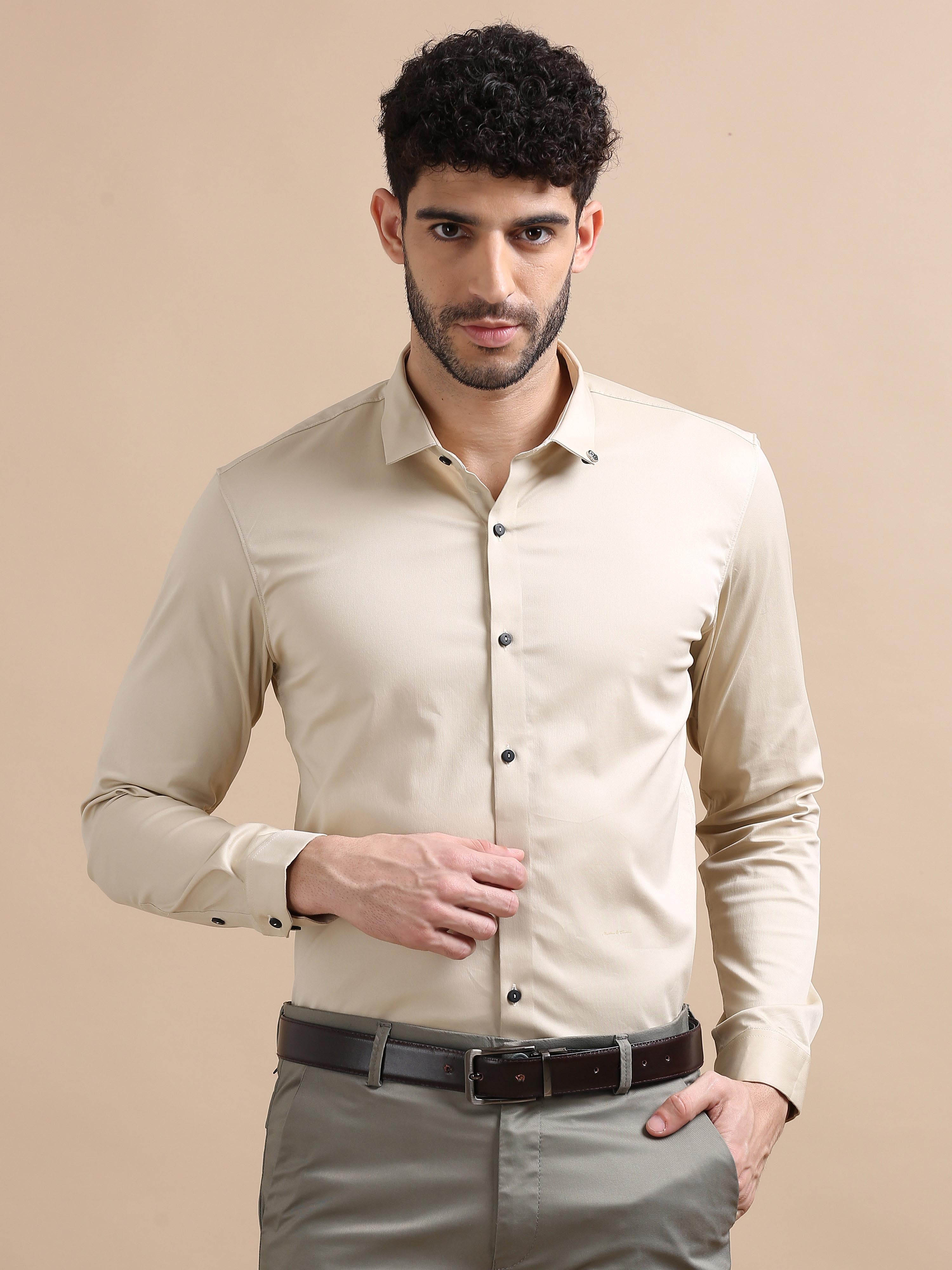 Shop Mens Long Sleeves Lycra Beige Solid Shirt Online