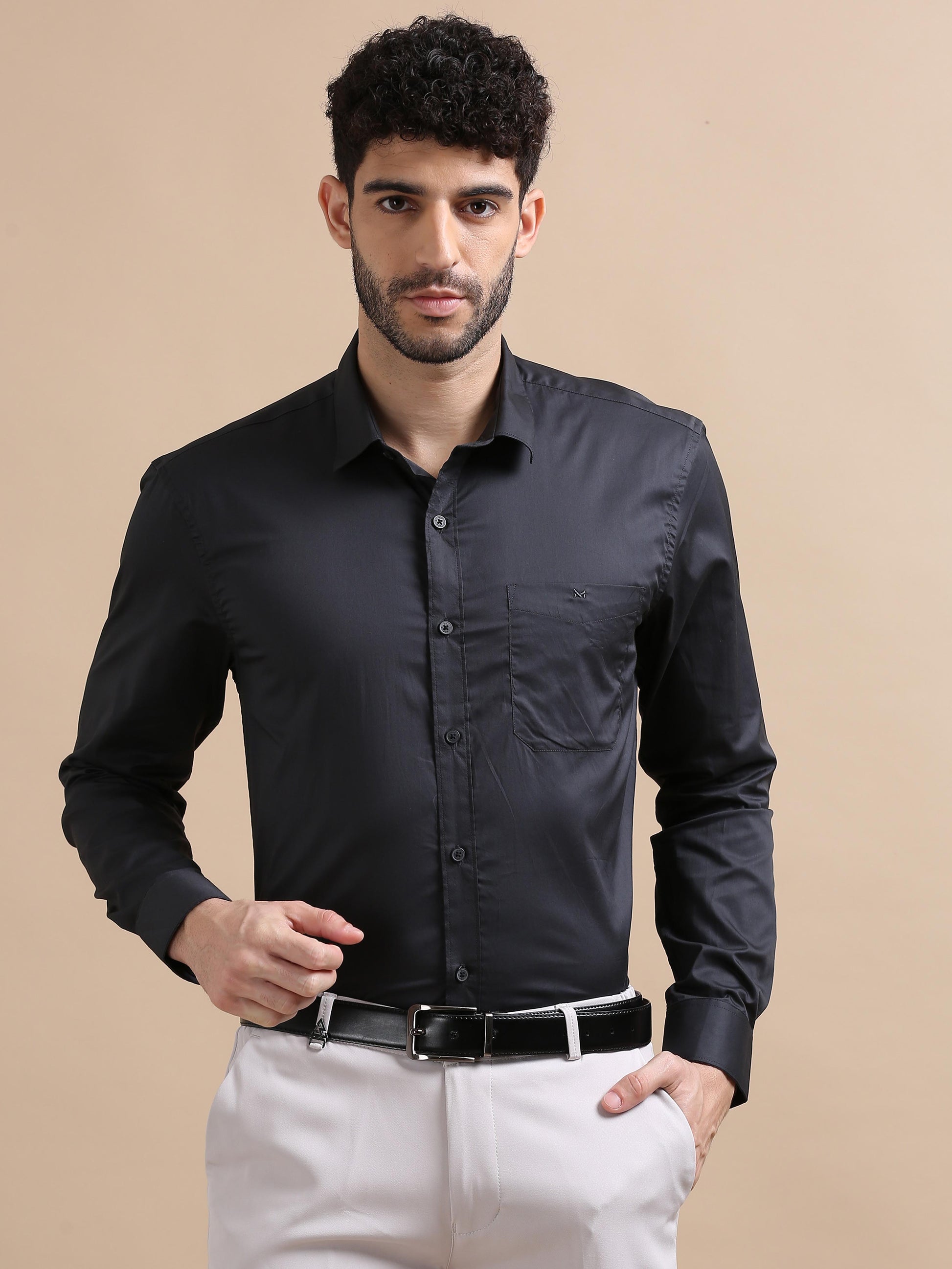 Plain Black Shirt Fine Cotton Men Long Sleeves 