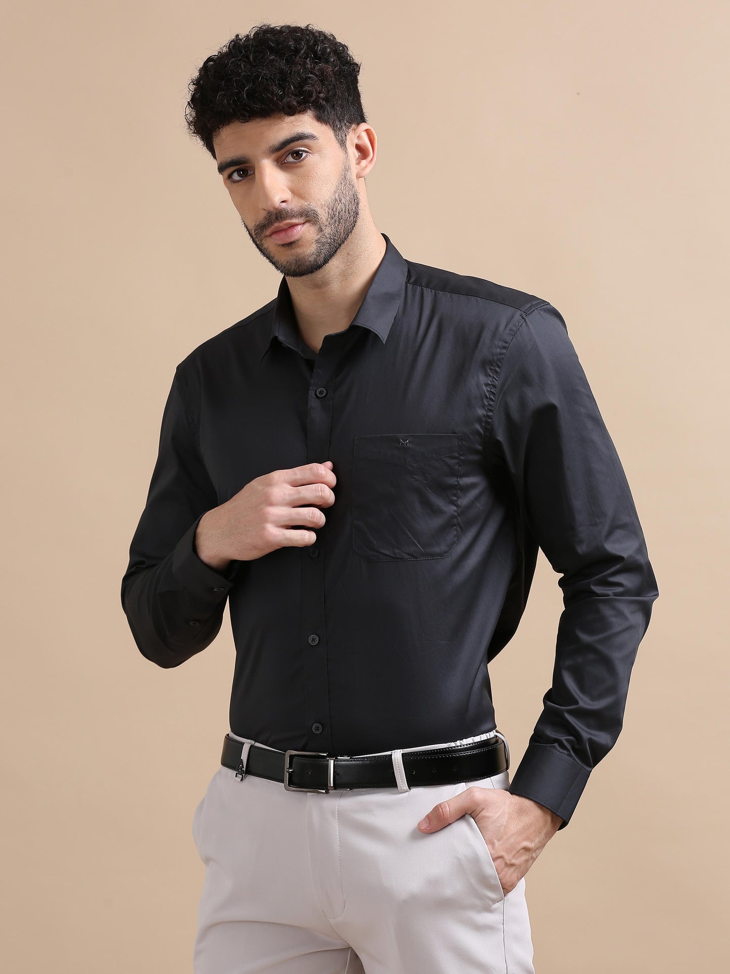 Plain Black Shirt Fine Cotton Men Long Sleeves 