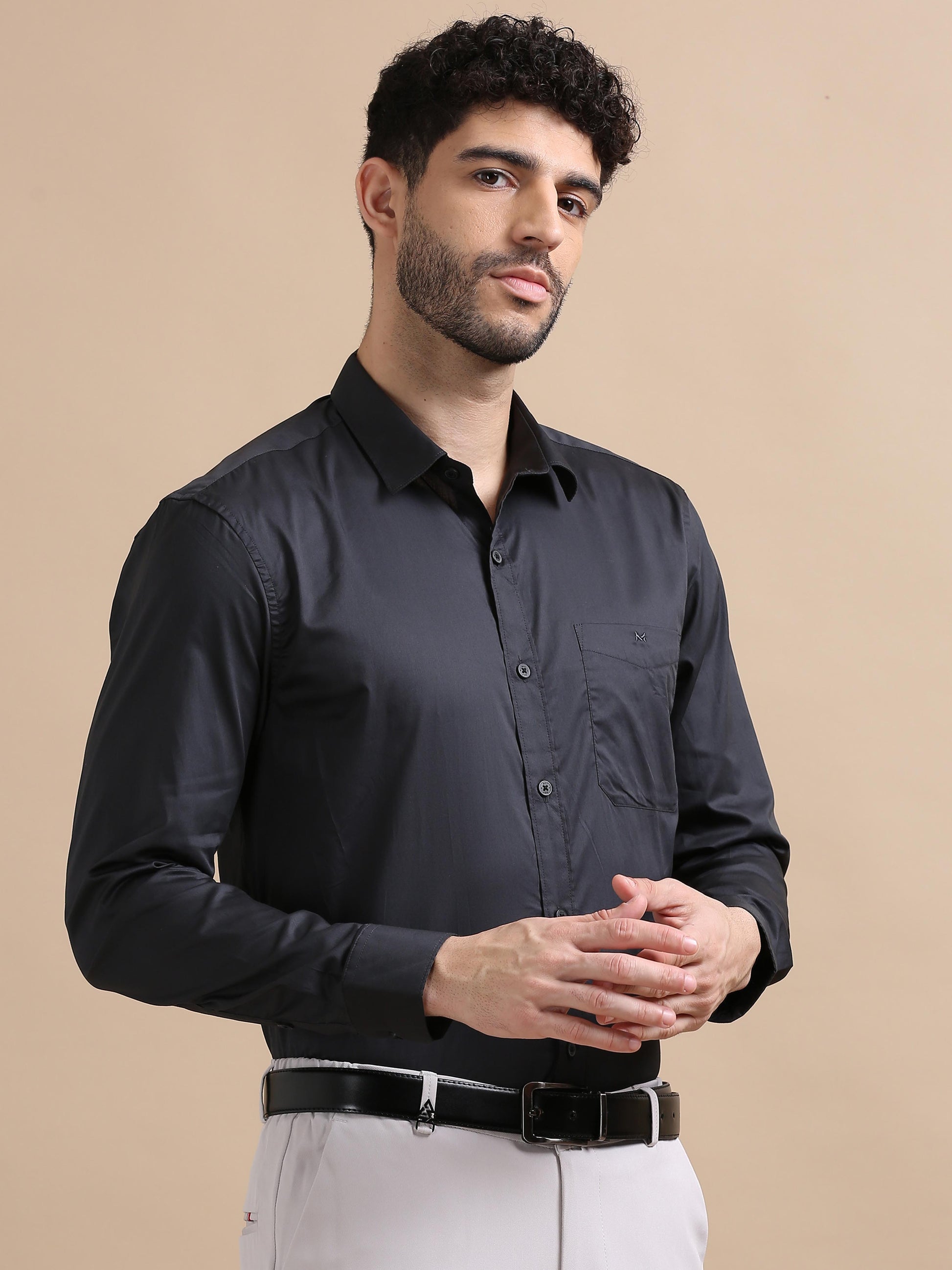 Plain Black Shirt Fine Cotton Men Long Sleeves 