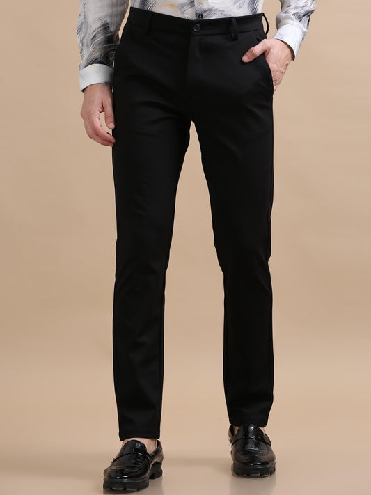 Flexure Pure Black 4 Way Stretchable Chinos For Men