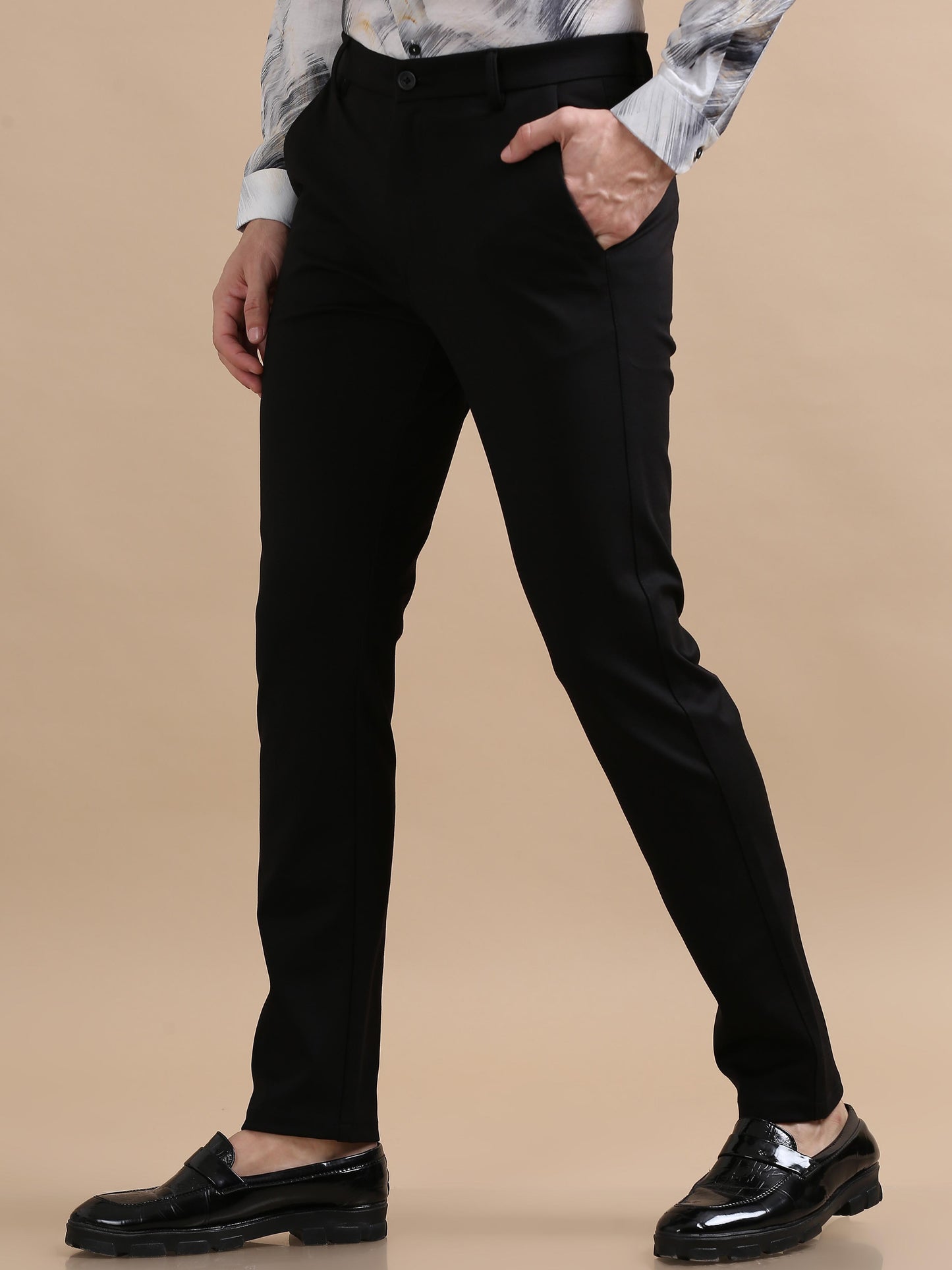 Flexure Pure Black 4 Way Stretchable Chinos For Men