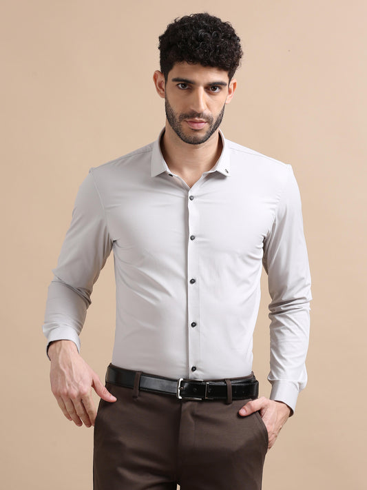 Twill Polyamide Beige Solid Shirt Men