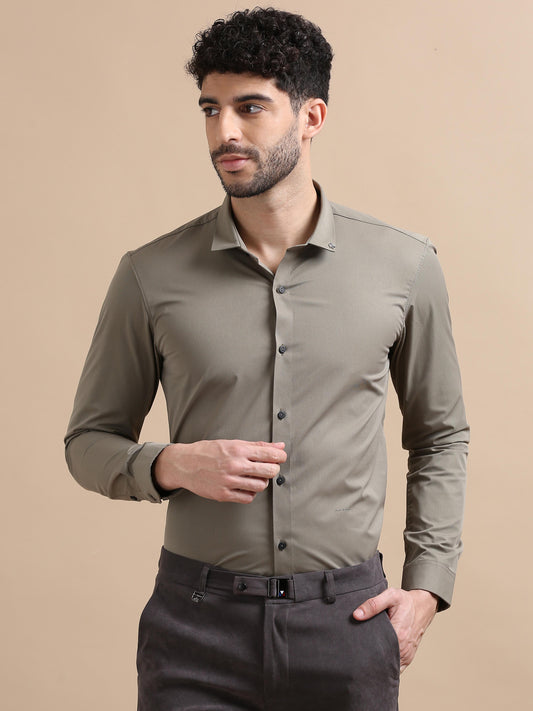 Twill Polyamide Olive Green Solid Shirt For Men 