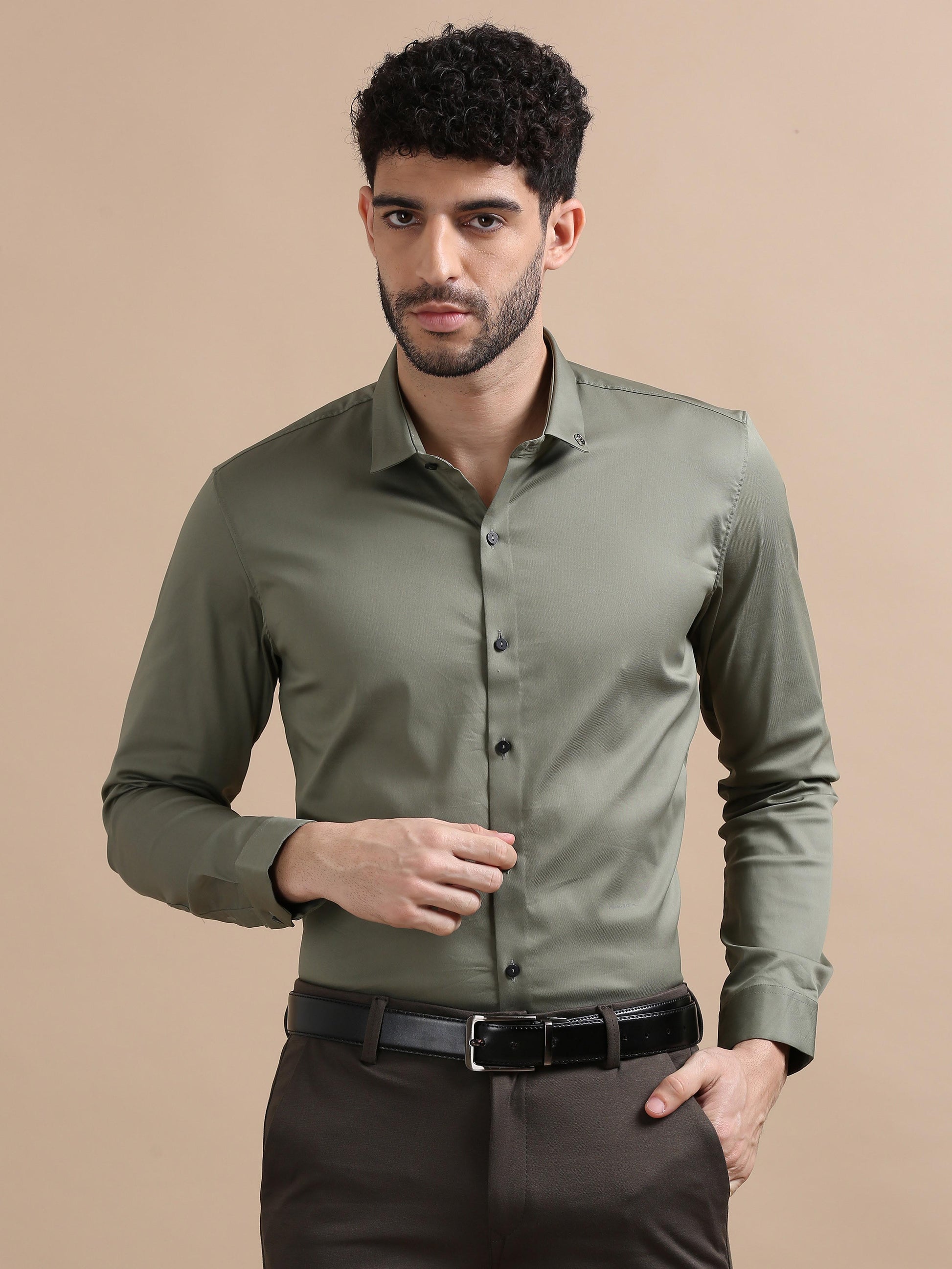 olive dress shirt men Men's Olive Green Casual Button Up Long Sleeve Shirt Size M - New