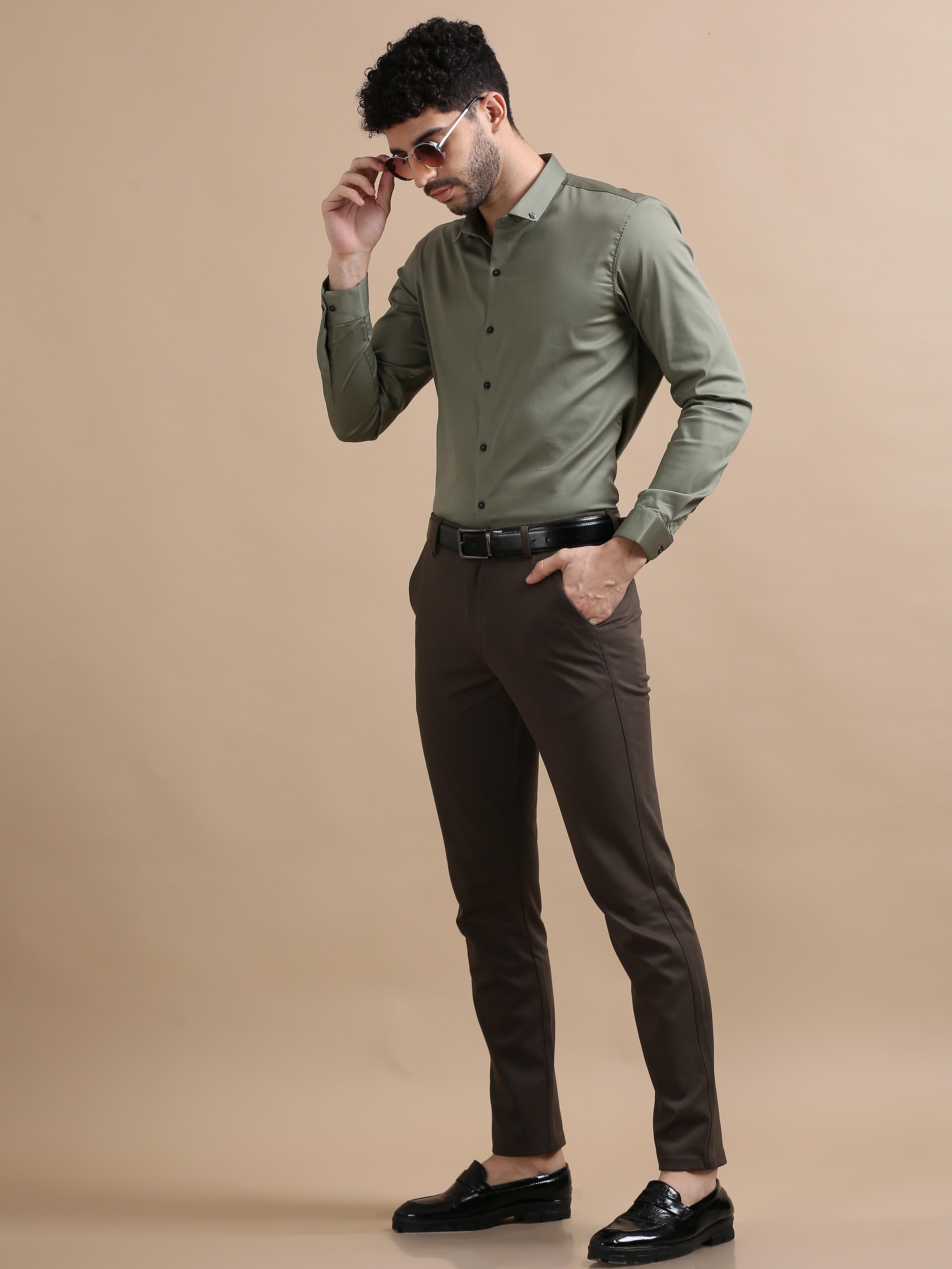 Buy Glitz wear Long Sleeves Solid Olive Green Shirt for Men