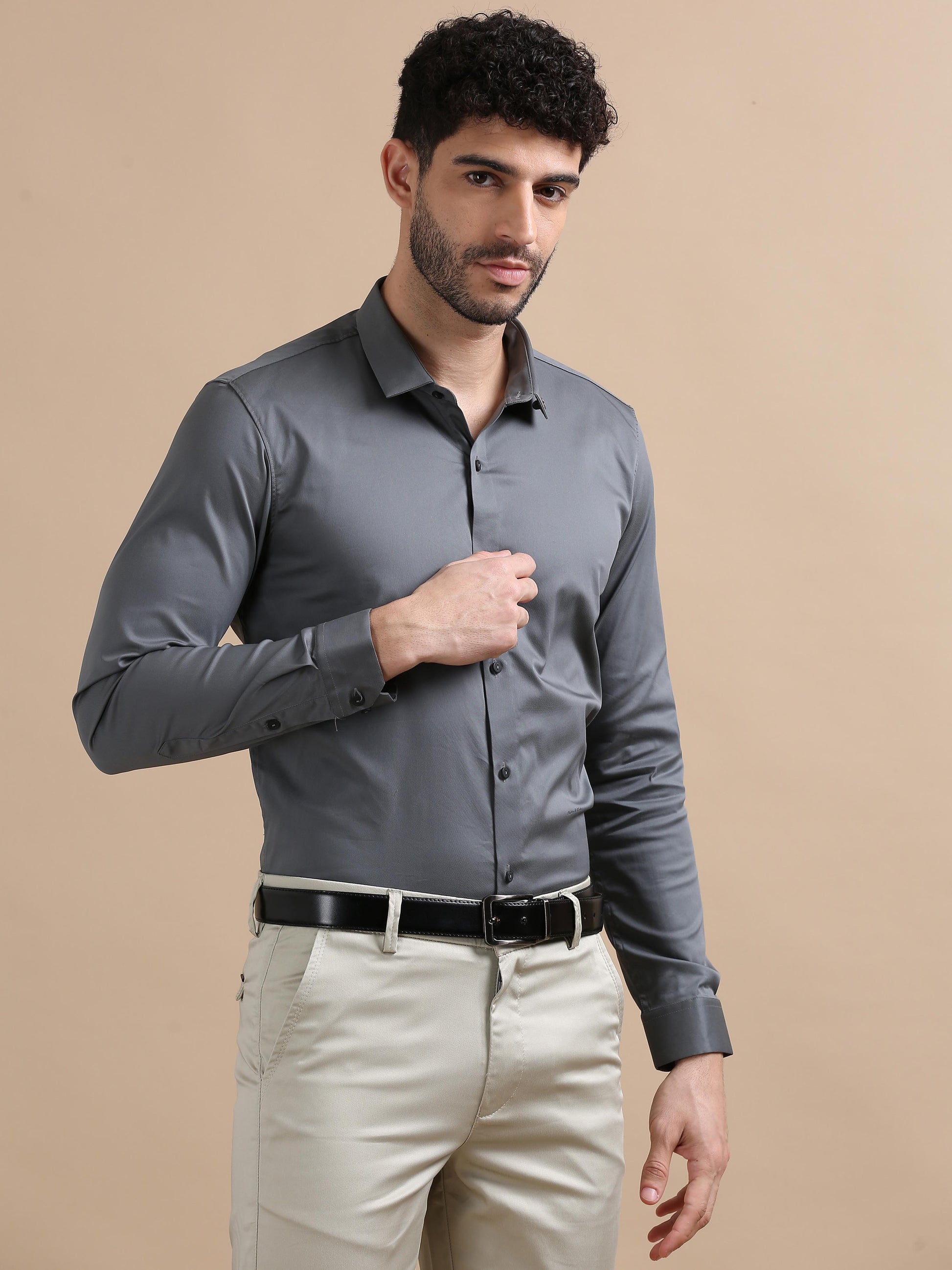 Poly Lycra Full Sleeves Solid Grey Shirt for Men