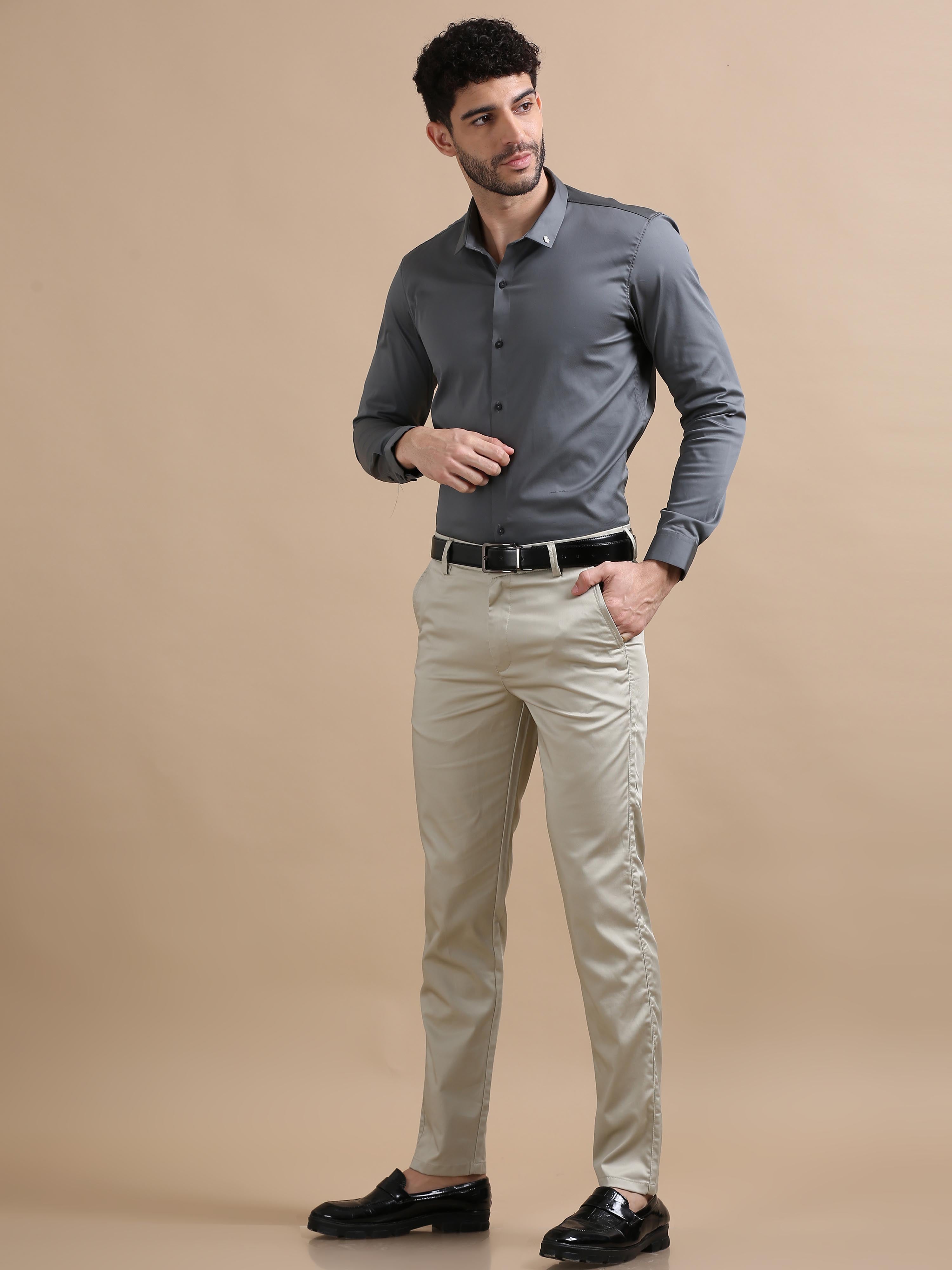 Buy Poly Lycra Full Sleeves Solid Grey Shirt for Men Online