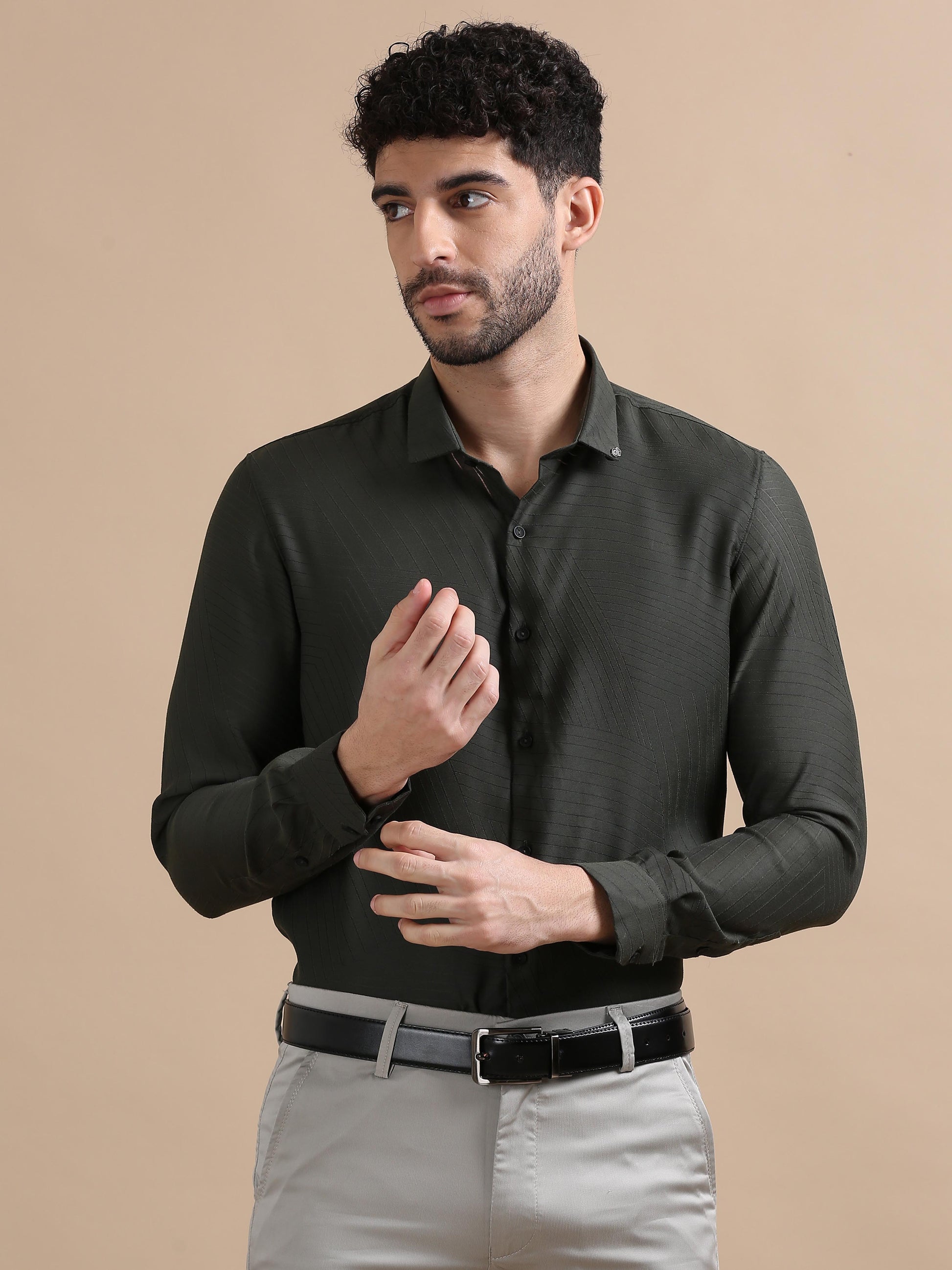 Luxurica Olive Green Line Shirt For Men