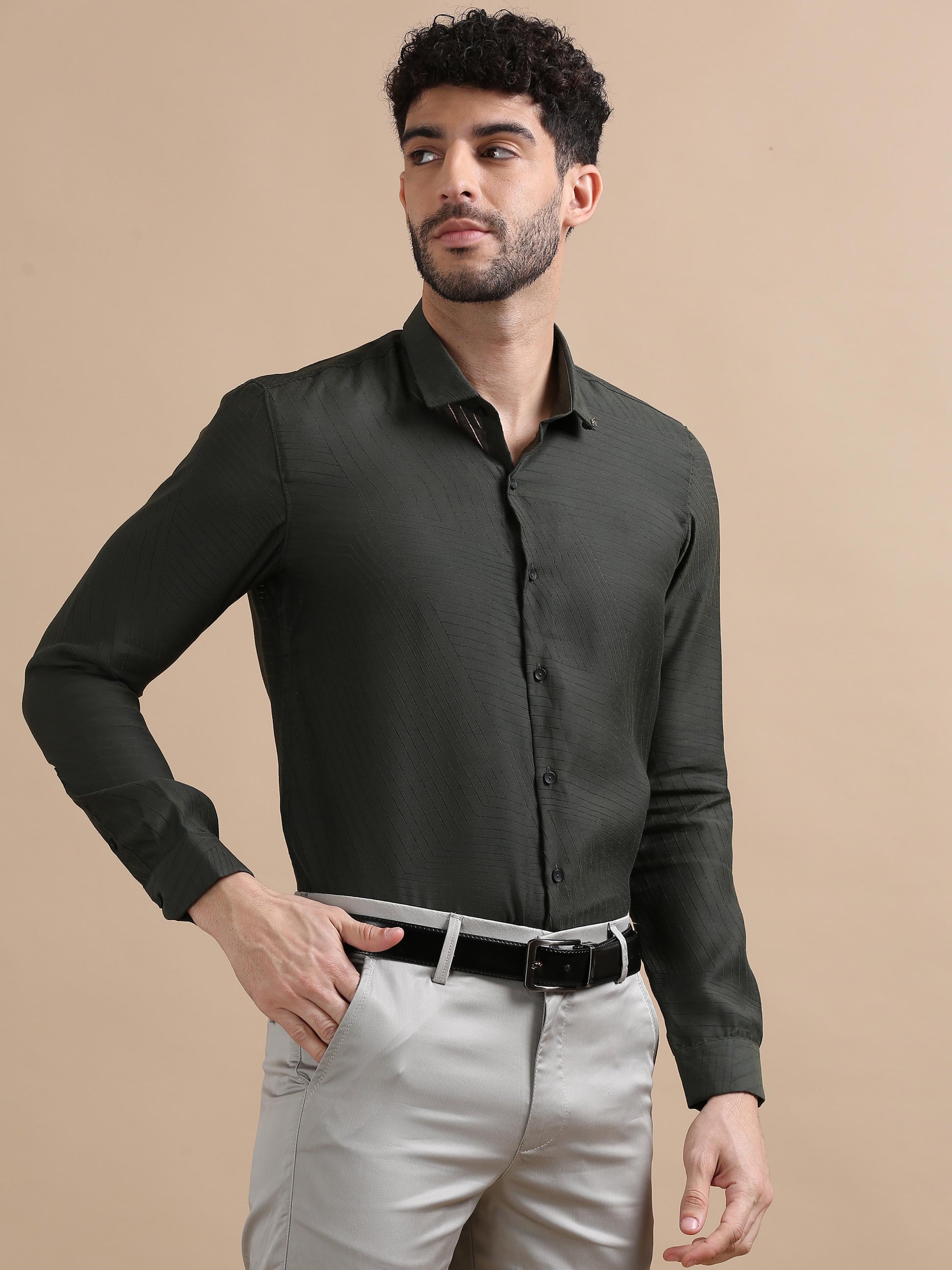 Luxurica Olive Green Line Shirt For Men