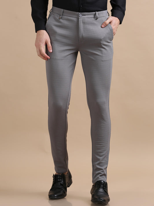 Exacto Medium Grey Check Chinos For Men 