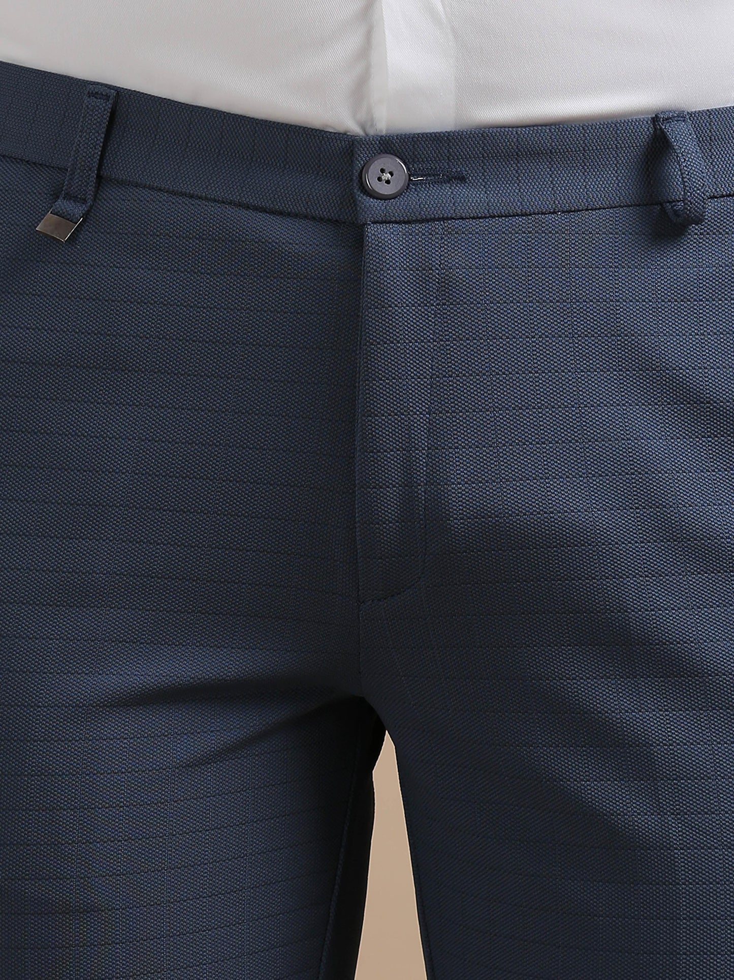 Exacto Navy Blue Check Chinos For Men 