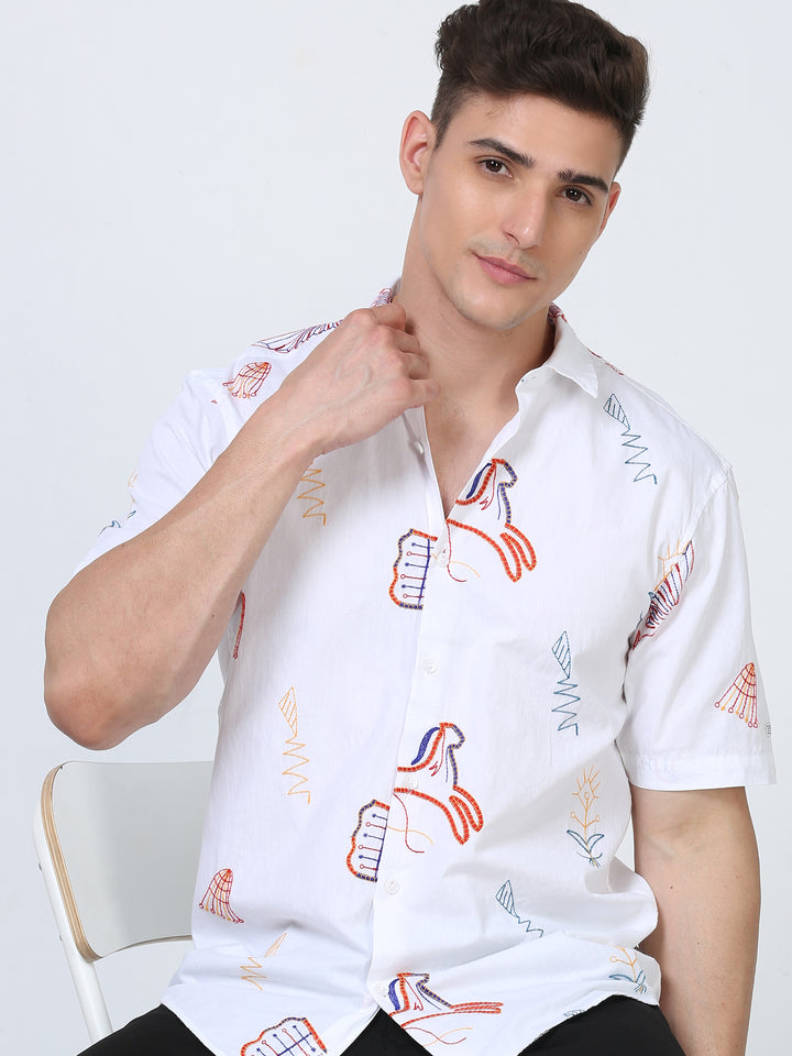 Self embroidered cotton poplin shirt