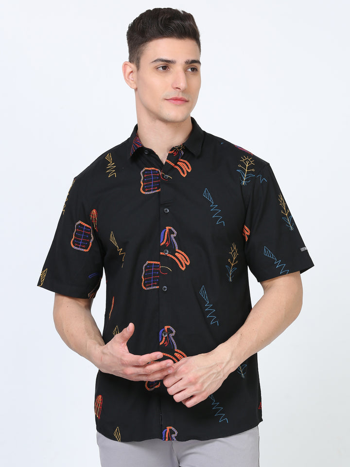 Self embroidered cotton poplin shirt