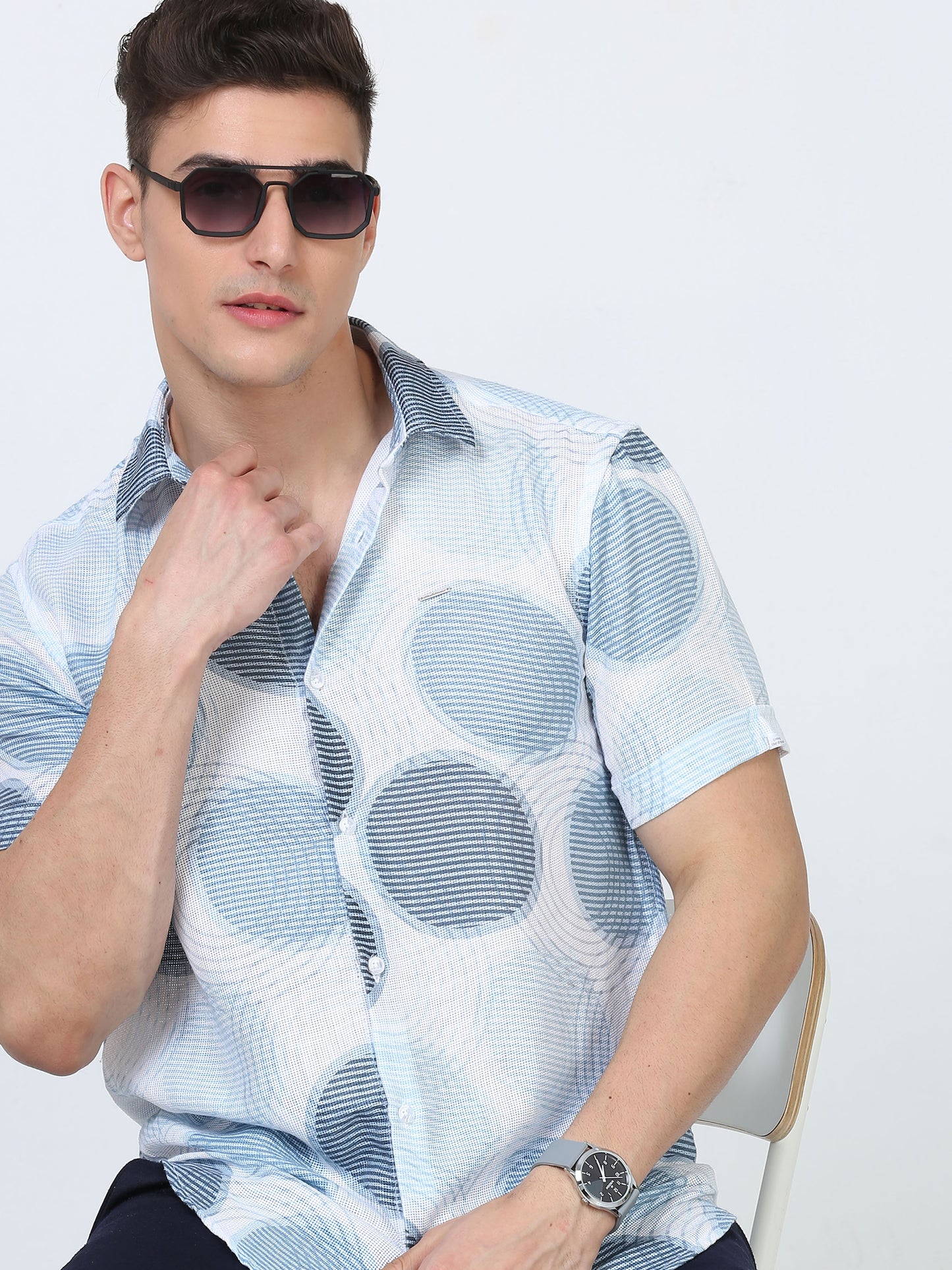 Blue Geometric Mens Half Sleeve Printed Shirt