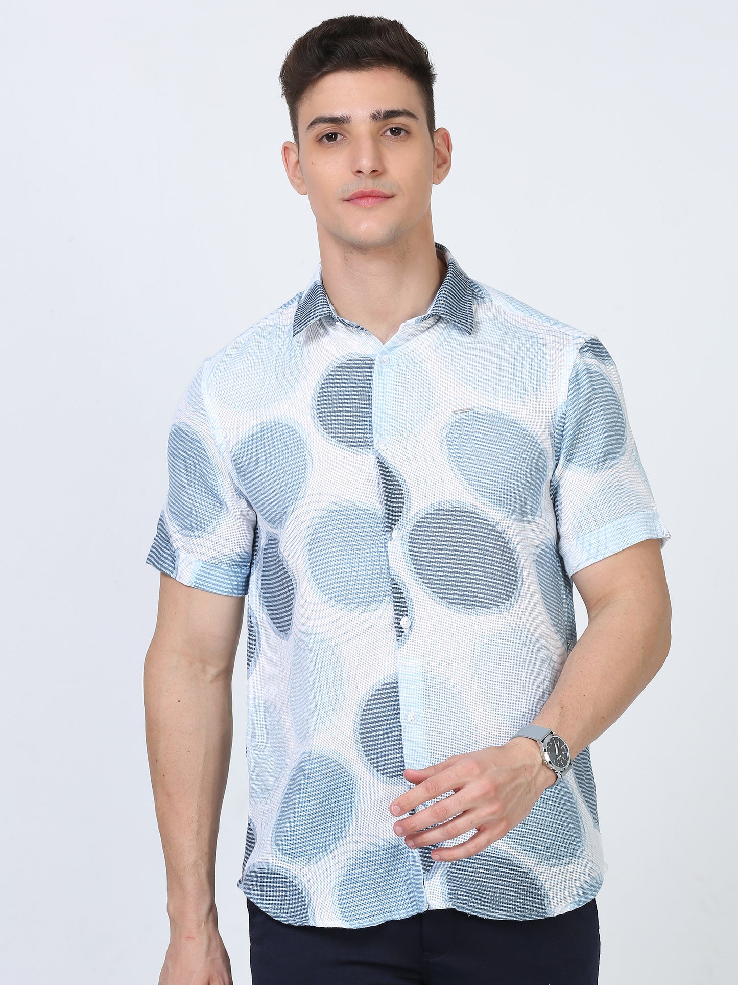 Blue Geometric Mens Half Sleeve Printed Shirt