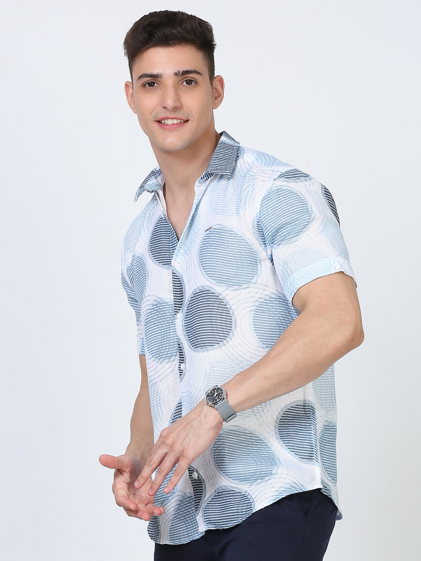 Blue Geometric Mens Half Sleeve Printed Shirt