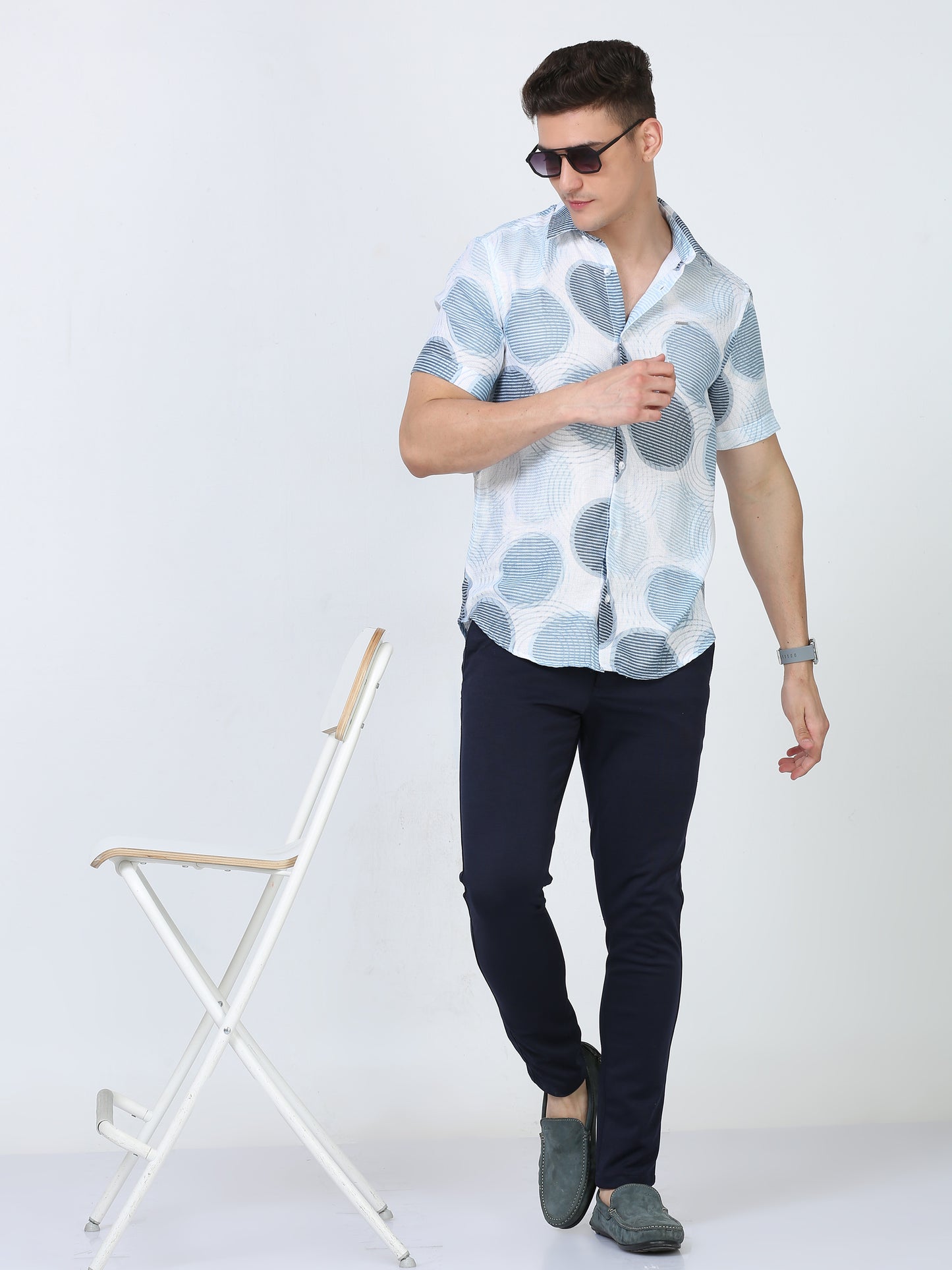 Blue Geometric Mens Half Sleeve Printed Shirt