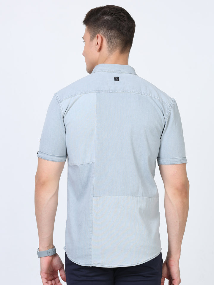 Denim Indigo Cotton Shirt With Double Pocket