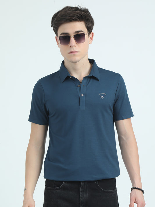 Box Dobby Nylon Poly Blue Polo T-Shirt Men