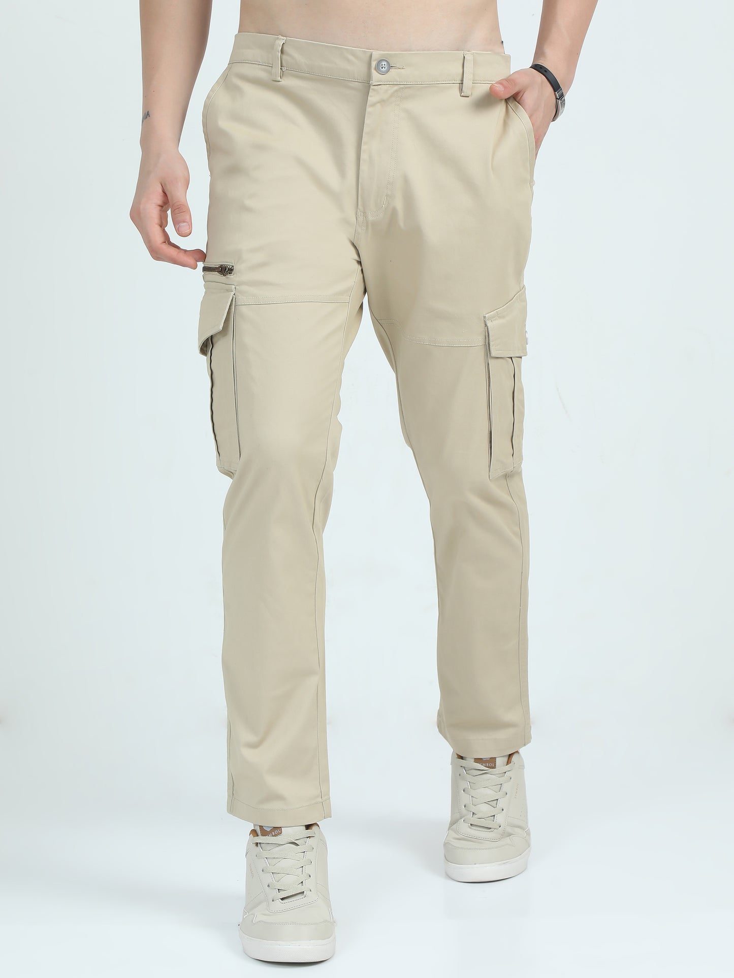 Slim Fit Cream Cargo Pants For Men