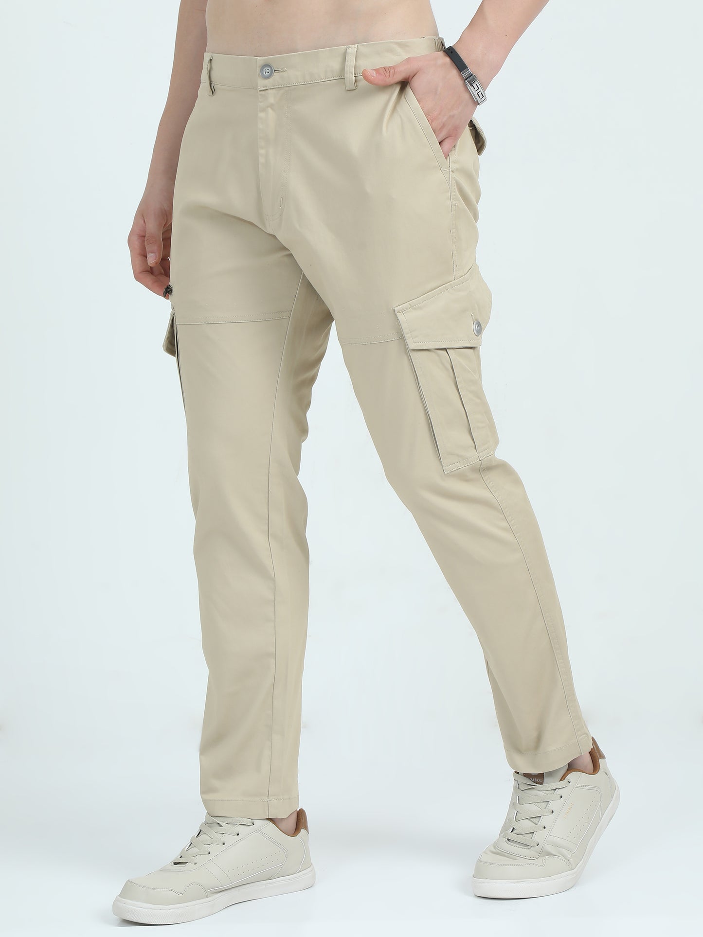 Slim Fit Cream Cargo Pants For Men