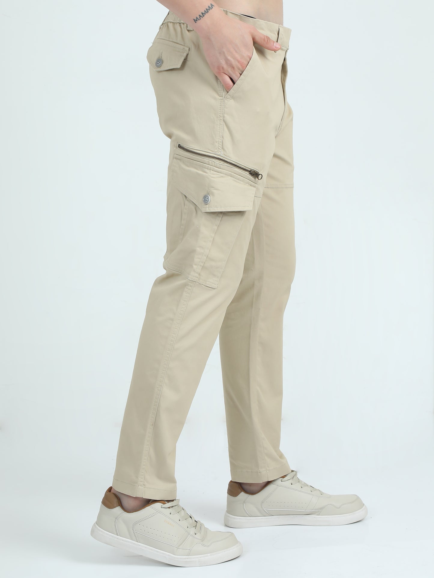 Slim Fit Cream Cargo Pants For Men