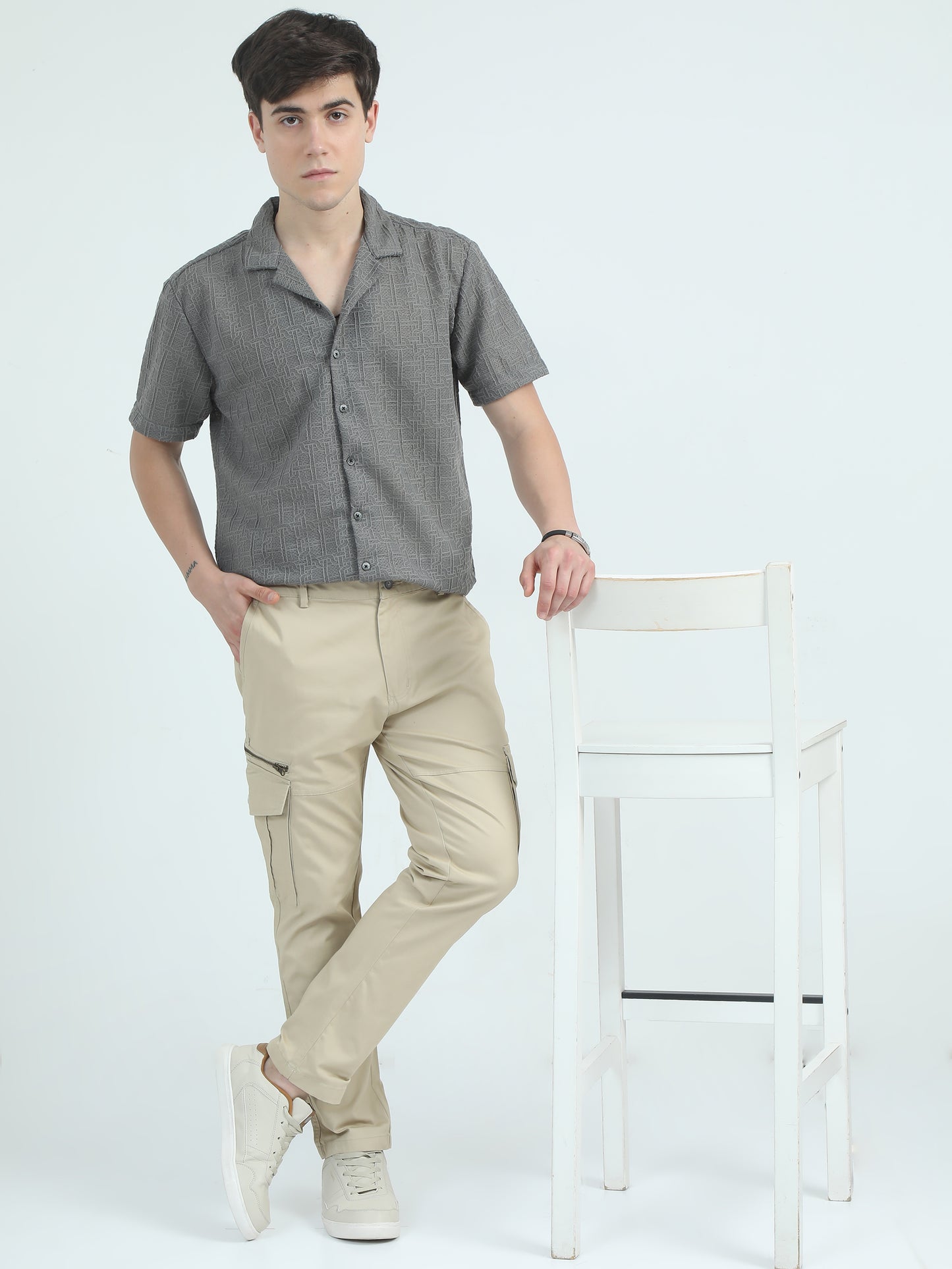 Slim Fit Cream Cargo Pants For Men