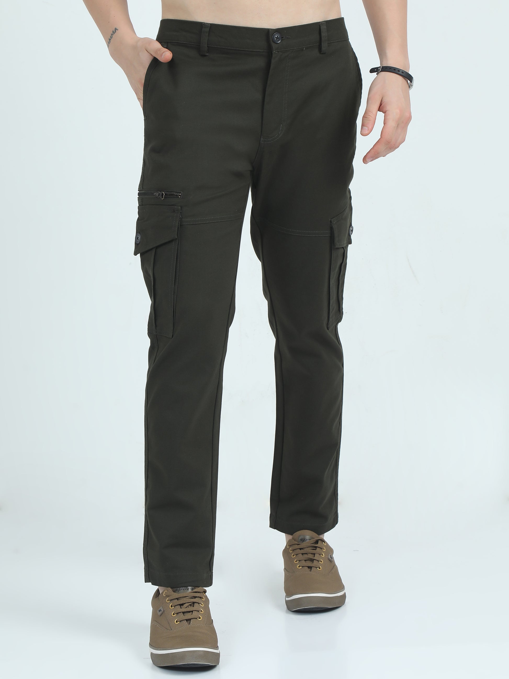 Twill Peach Cotton Green Trousers For Men