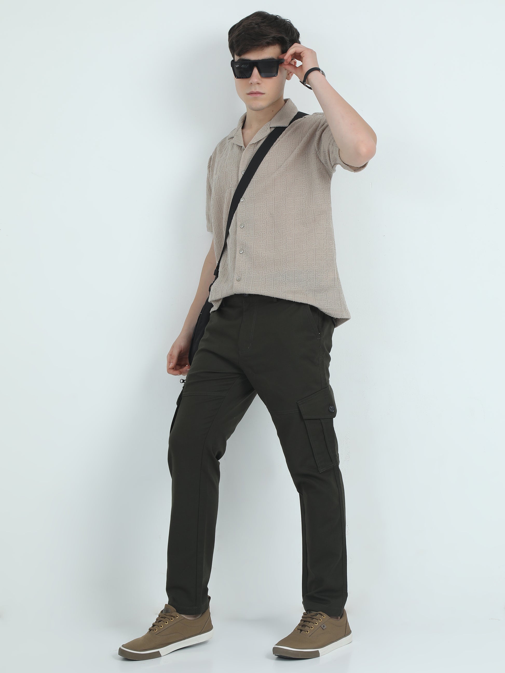 Twill Peach Cotton Green Trousers For Men