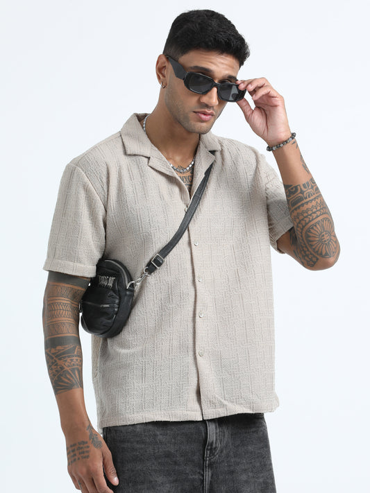 Poly Jaccqard Khaki Casual Half Sleeve Shirts​ For Men