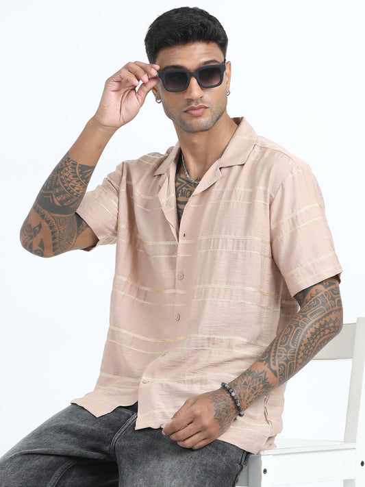 Light Brown Embroidered Striped Shirt Men