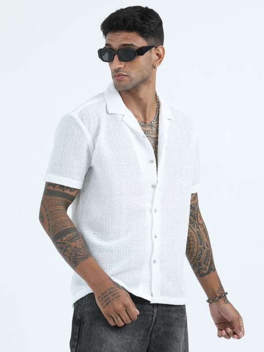 Poly Jaccqard White Half Sleeve Shirt​ For Men