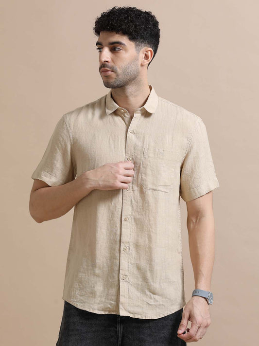 Feather Beige Linen Shirt For Men 