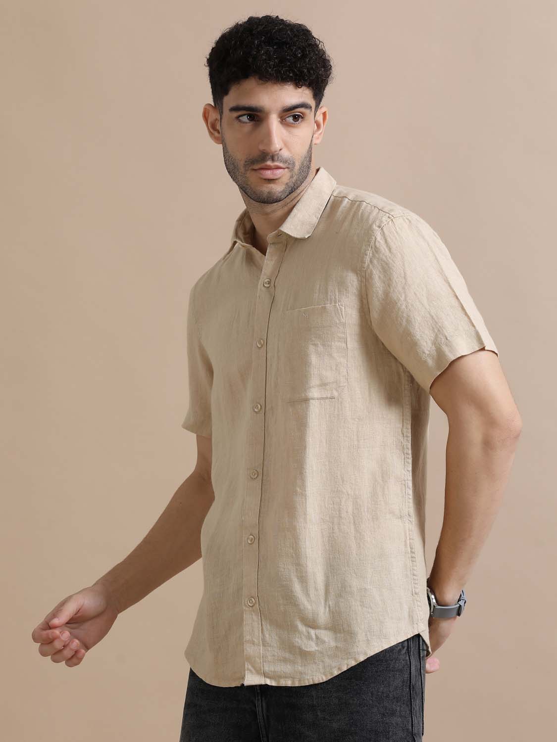 Feather Beige Linen Shirt For Men 