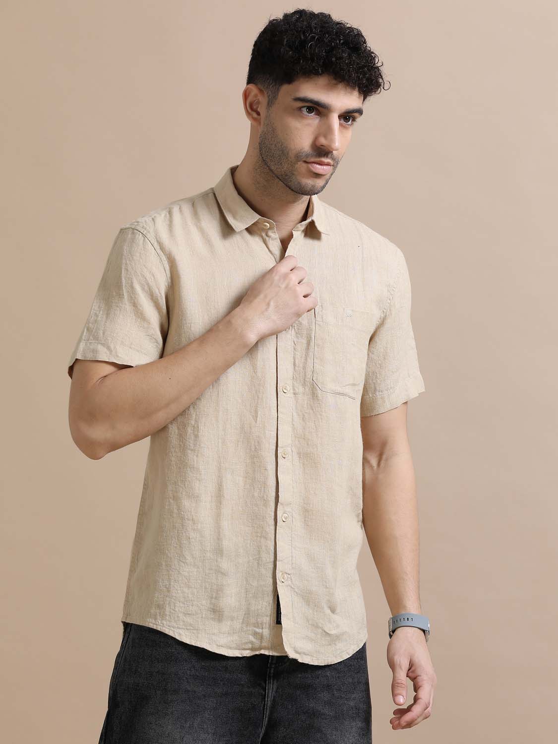 Feather Beige Linen Shirt For Men 