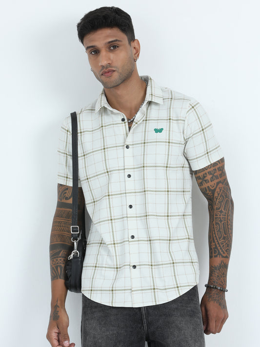 Waffle Dobby Poly Brown Check Shirt​ For Men