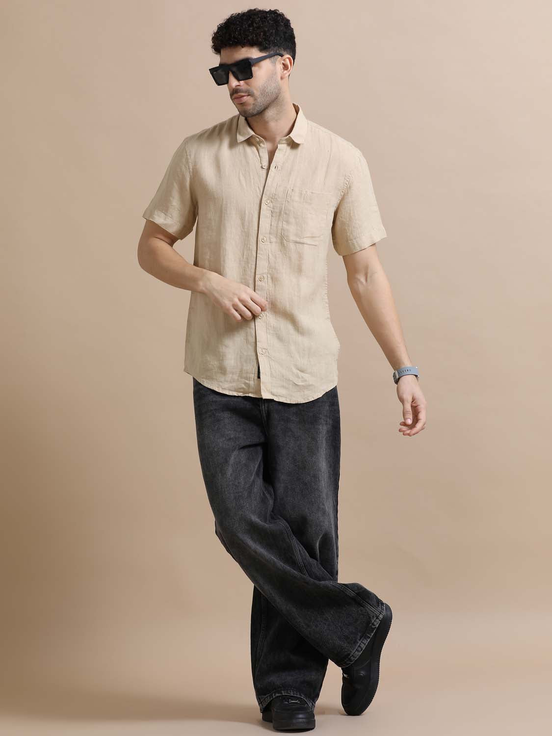 Feather Beige Linen Shirt For Men 