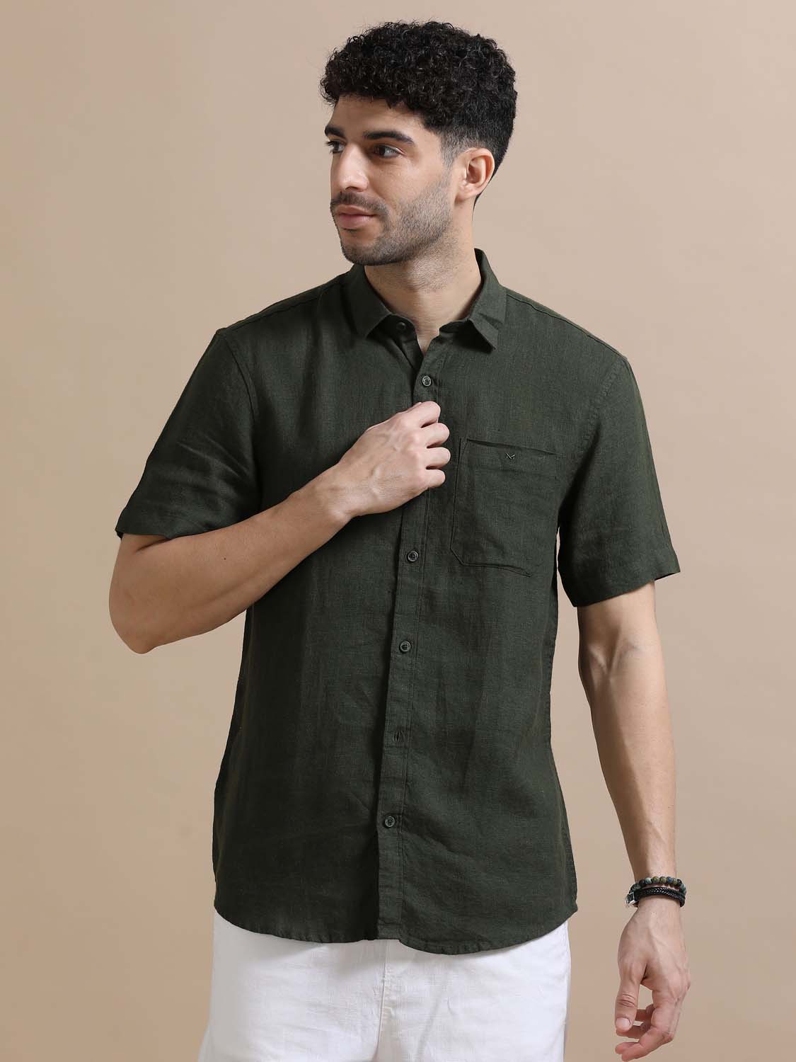 Feather Olive Green Linen Shirt For Men 